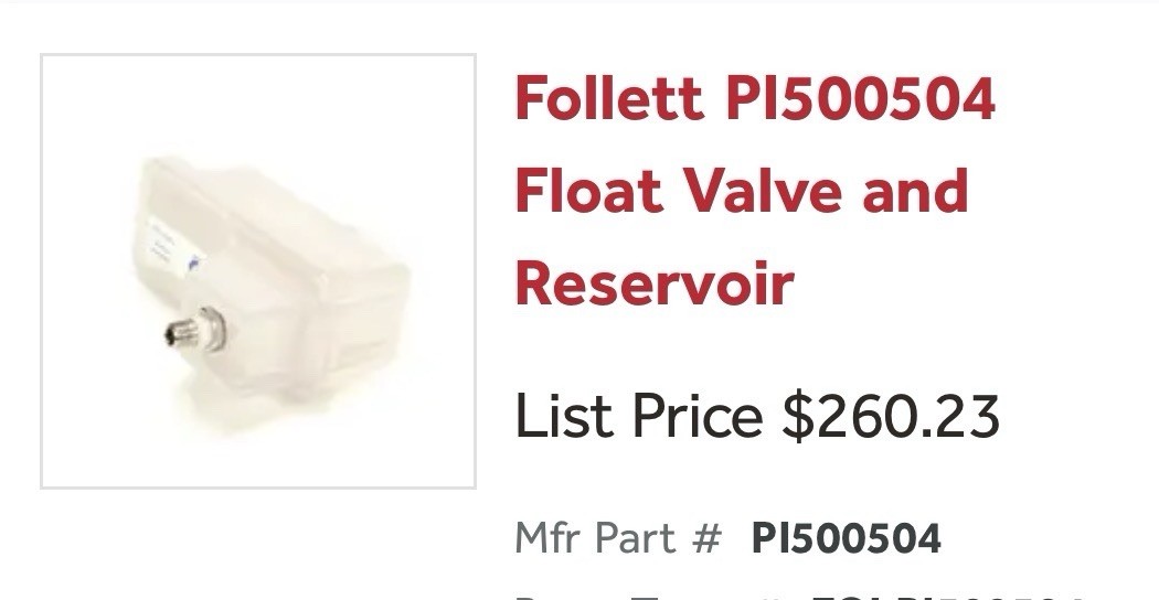 Follett PI500504 Float Valve and Reservoir Replacement Part PI500504