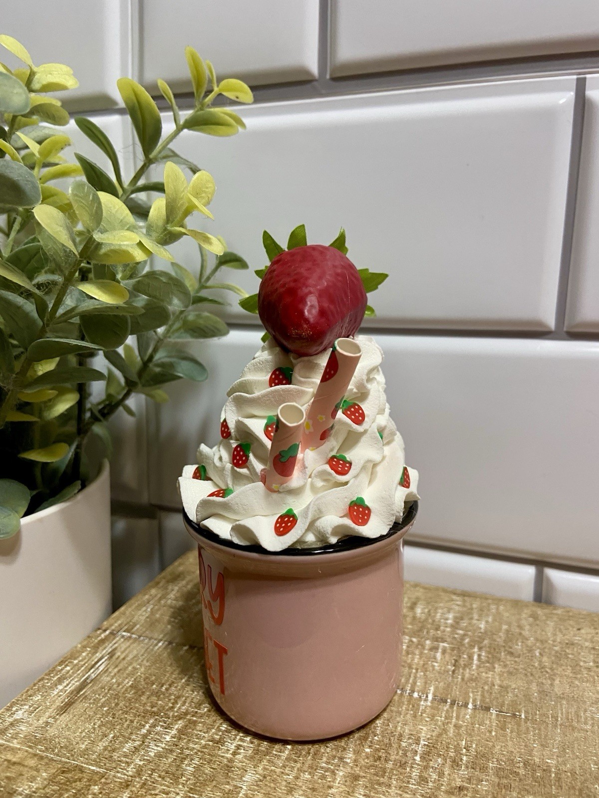 Cute STRAWBERRY Mini Ceramic Mug Faux Fake Whipped Cream Tiered Tray Decor 4.55″