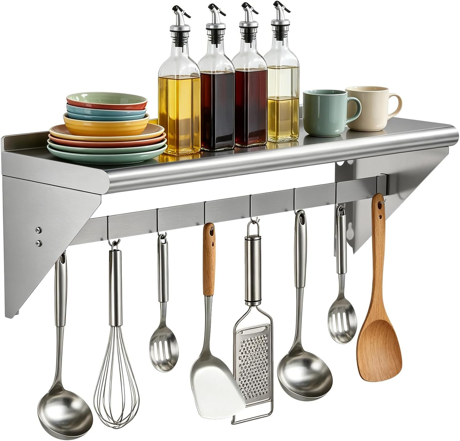 Heavy Duty Stainless Steel Wall Shelf with 8 Hooks – 12″ x 36″ Storage Rack