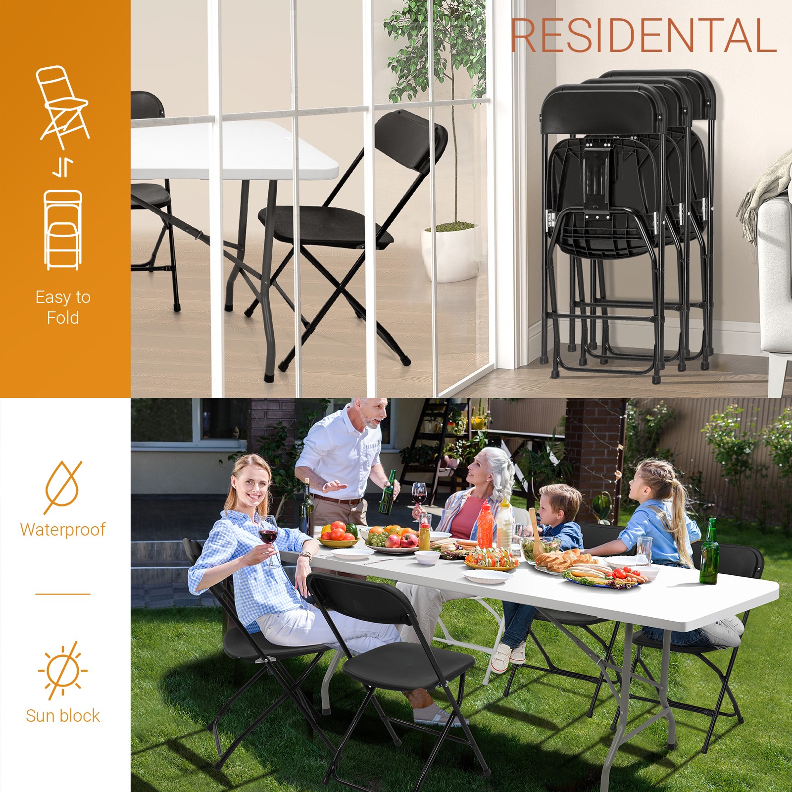 Set of 4 Commercial Contoured Folding Chairs Set Steel Frame Plastic Seat Black
