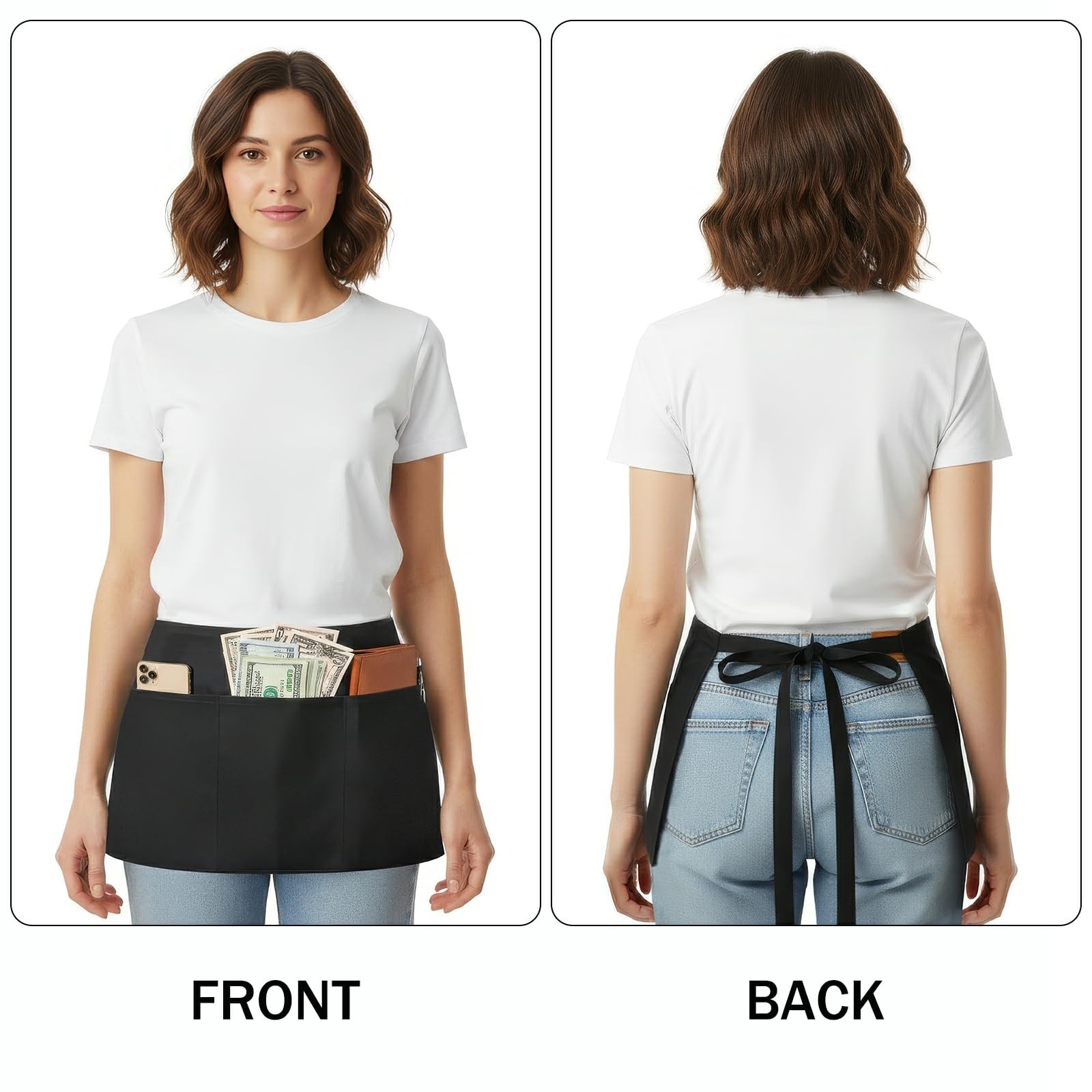 BOHARERS Cotton Server Aprons 2 Pack Waiter Waitress Apron Short Apron with P…