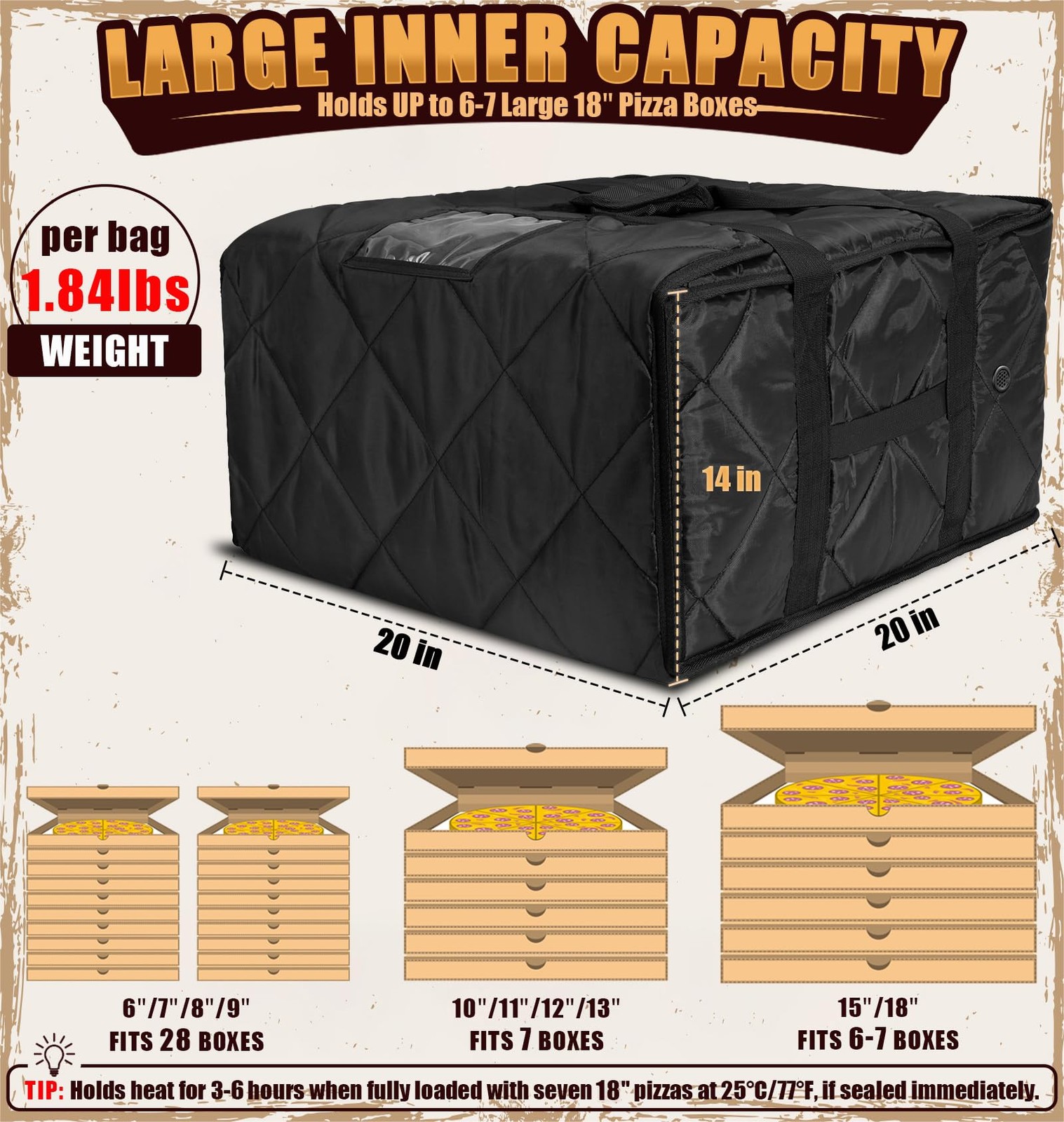 Pizza Bag for Delivery, 20″ x 20″ x 14″ Pizza Delivery Bags