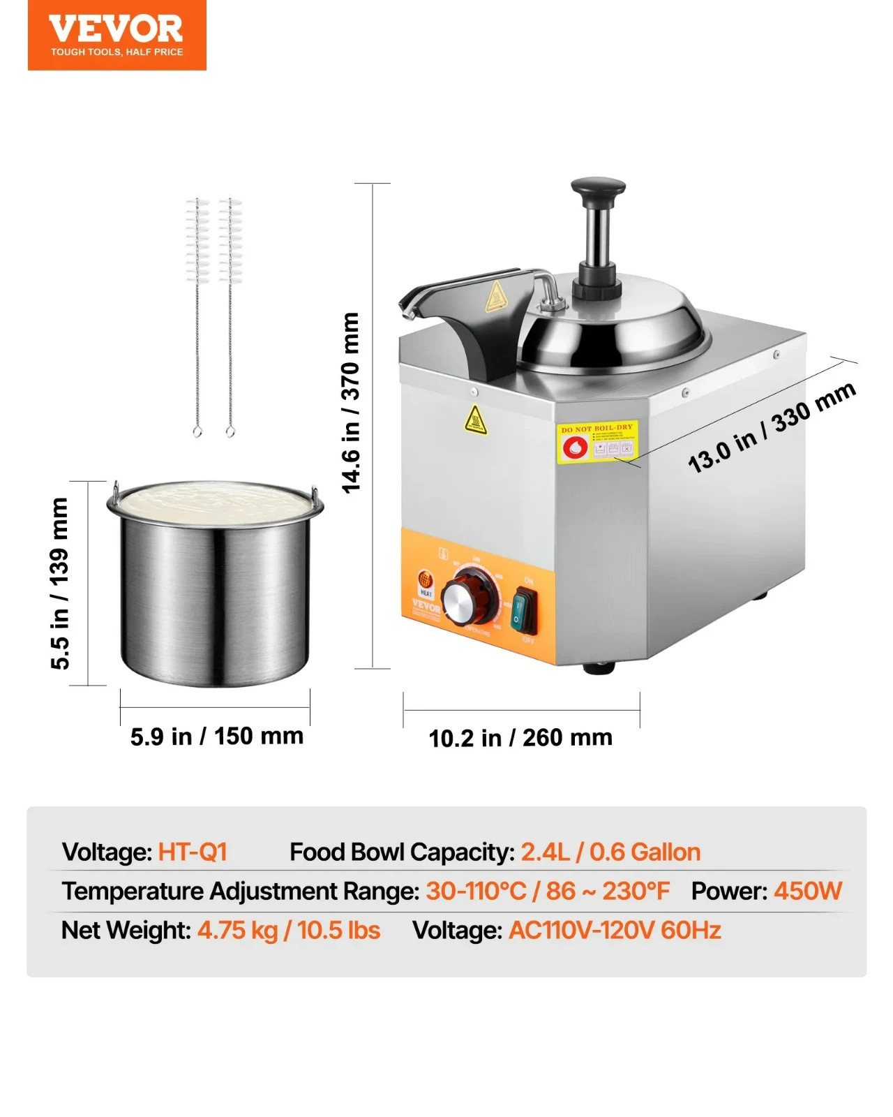 VEVOR 2.4L Electric Cheese Dispenser with Pump Hot Fudge Warmer 86℉-230℉