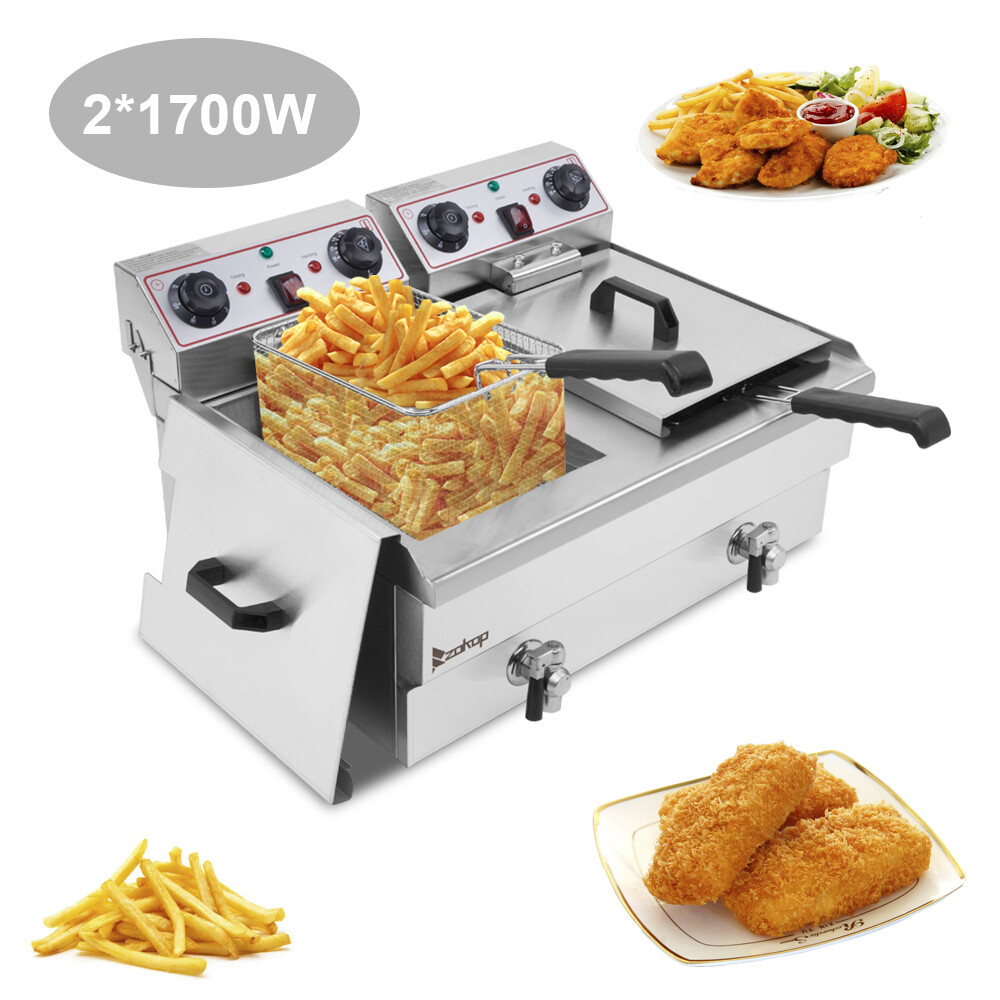 ZOKOP 3400W 25QT Electric Countertop Deep Fryer Commercial Basket Fry 2 Tanks