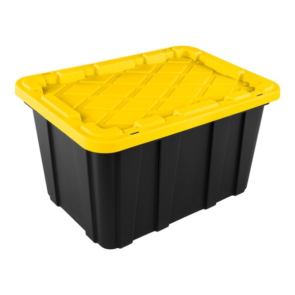 Sterilite 27 Gallon Black Industrial Storage Tote with Yellow Lily Lid – 4/Case