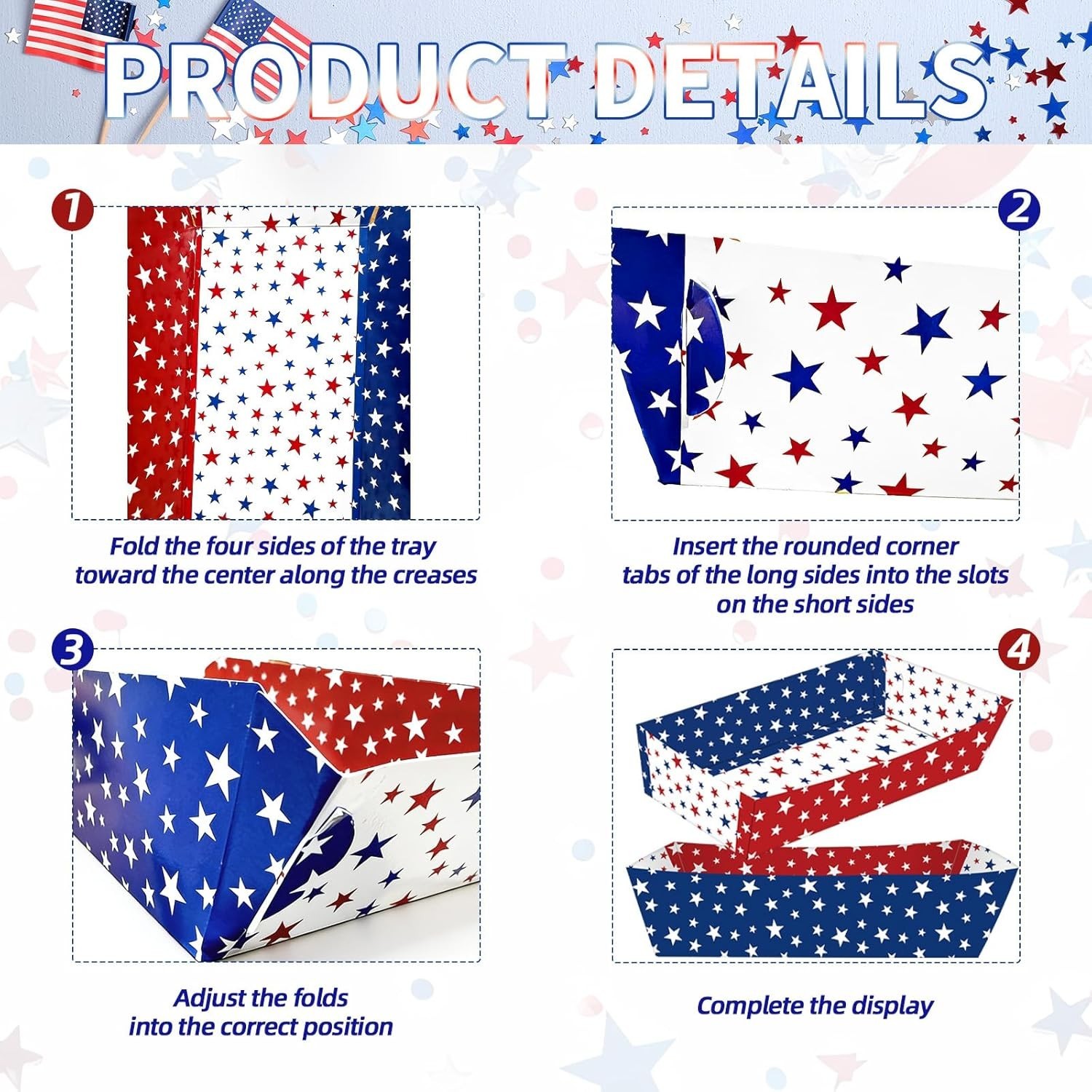 Patriotic Food Trays Disposable Paper Boats Snacks 30 Pack Red White Blue