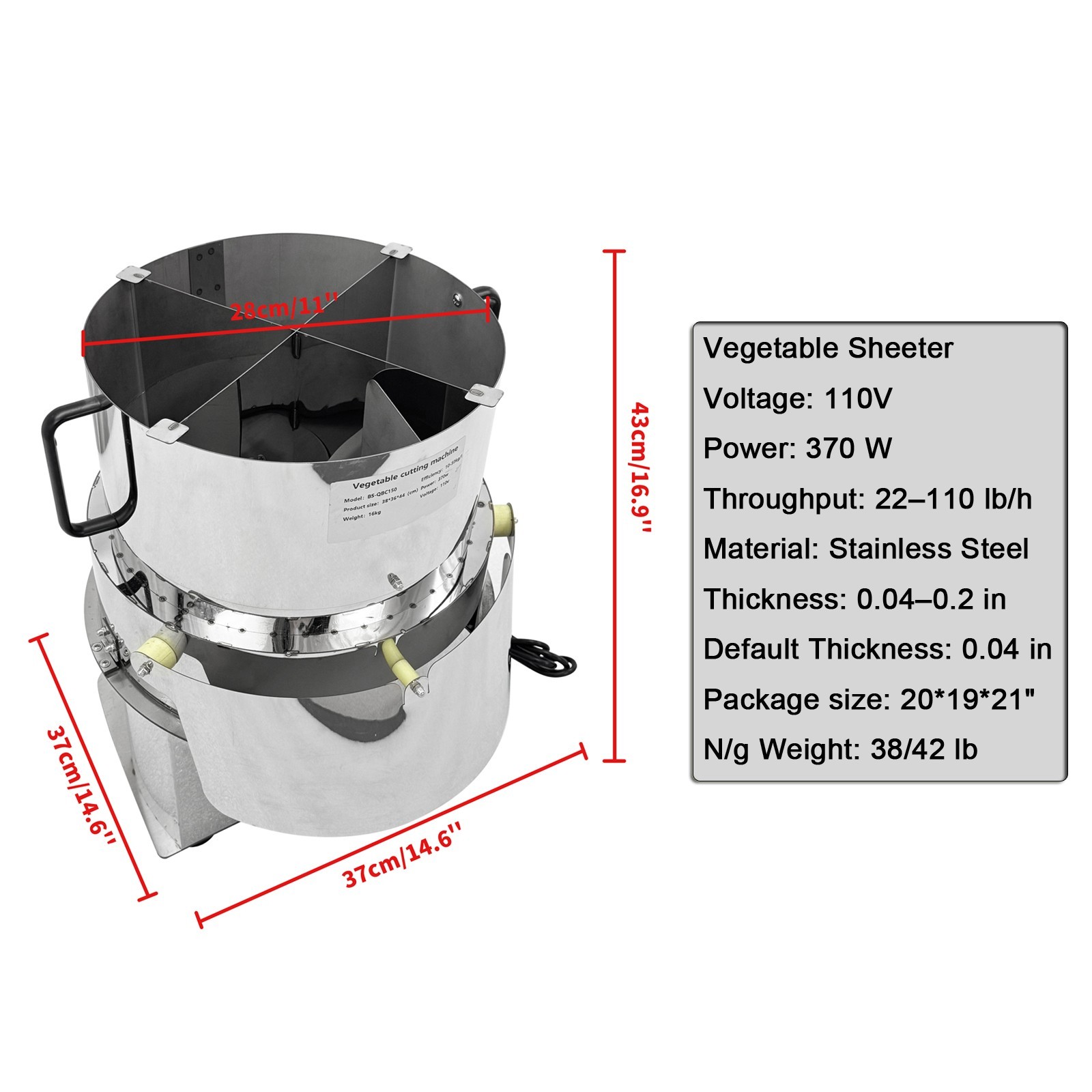Vegetable Shredder (110V, 370W / 0.5HP, 10-50kg/h, 1-5mm Thickness)