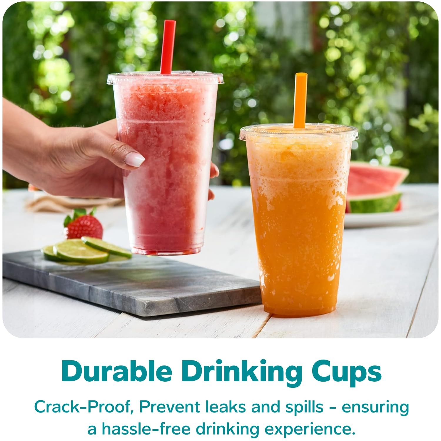[24 oz. – 100 Count Clear Cups with Flat Lids & Straws – Disposable Clear Dri…