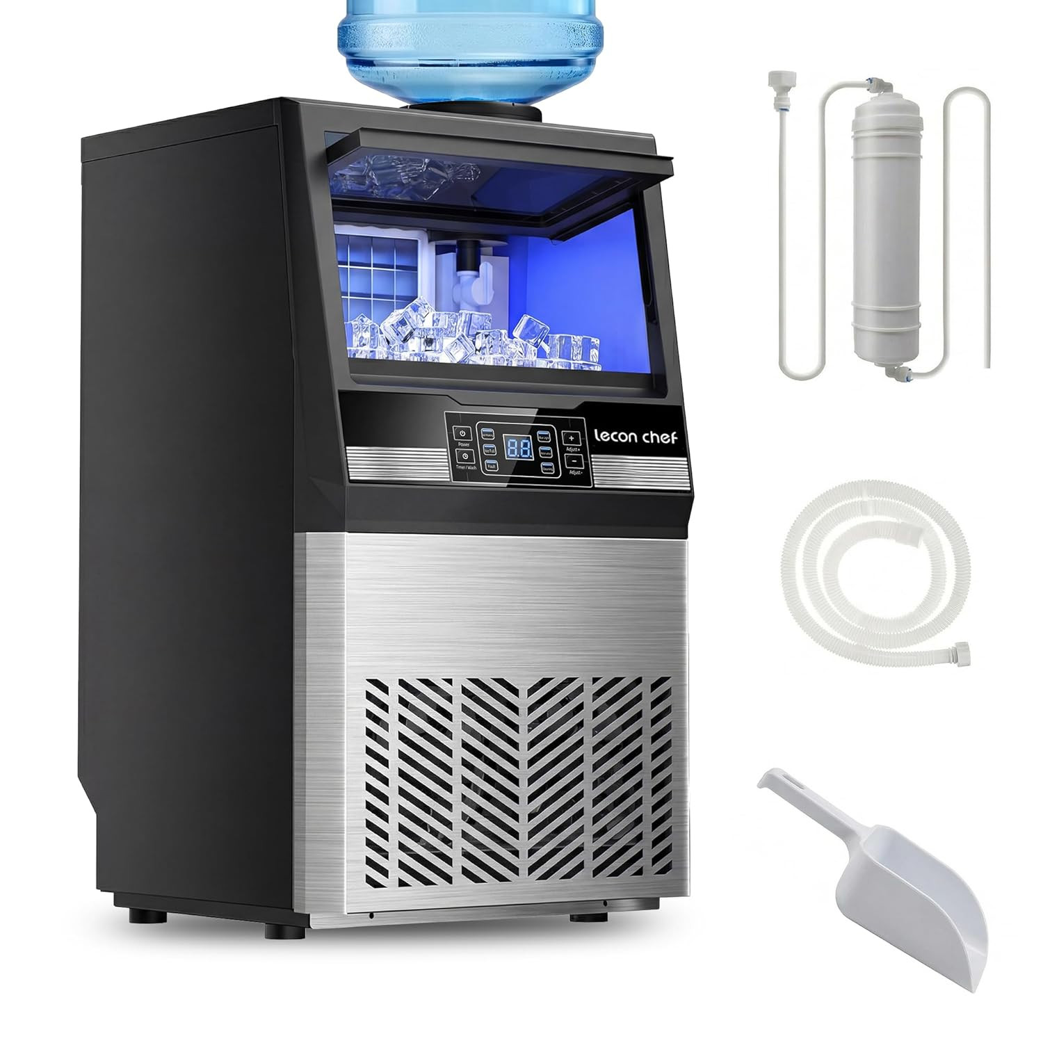 Freestanding Ice Maker 80Lbs/Day, Dual Inlet, Self-Cleaning, 20Lbs Bin