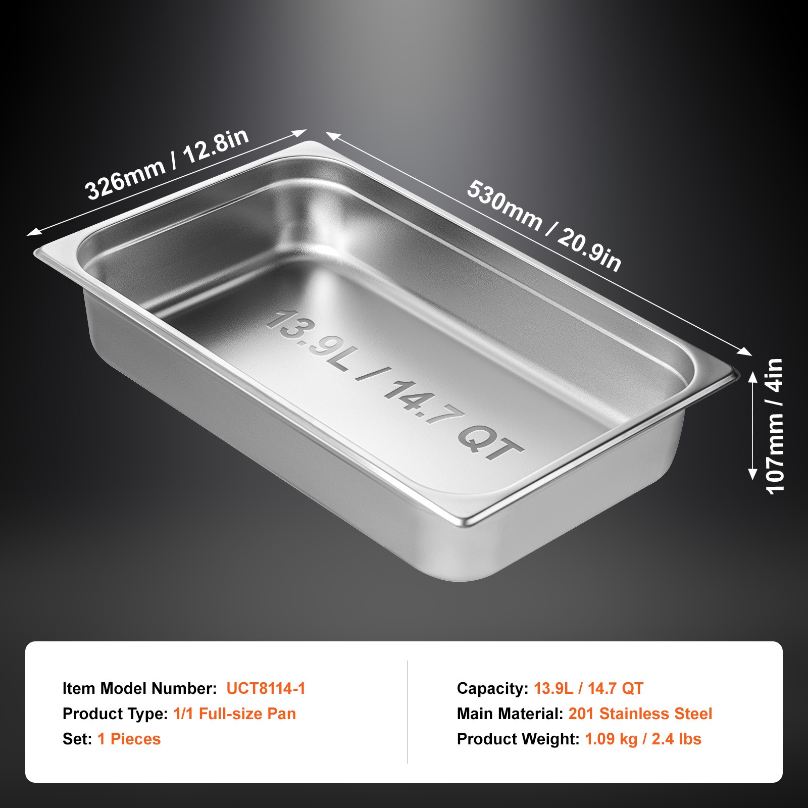 VEVOR 1 Pack Full Size Hotel Pan Steam Table Pan Stainless Steel 4″ Deep