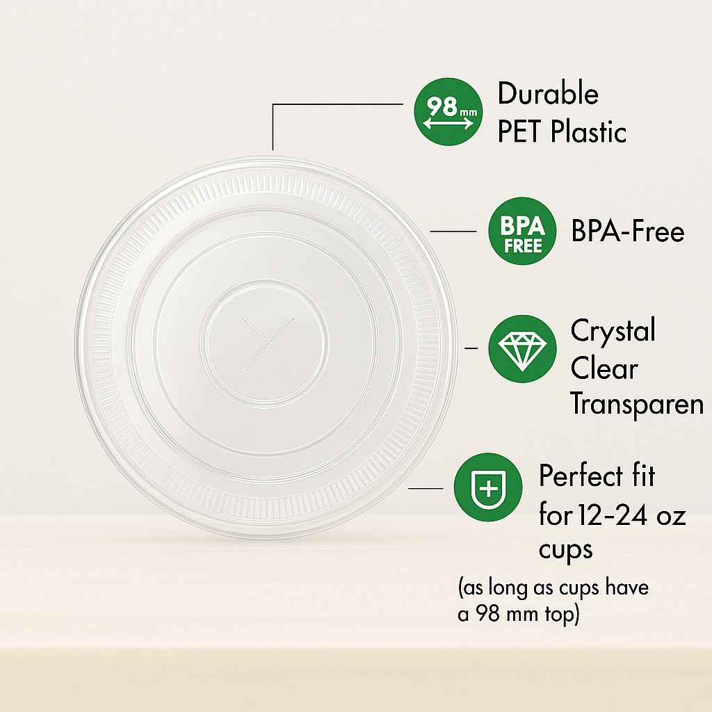 500 Clear Flat Lids with Straw Slot – Disposable PET Plastic Cup Lids