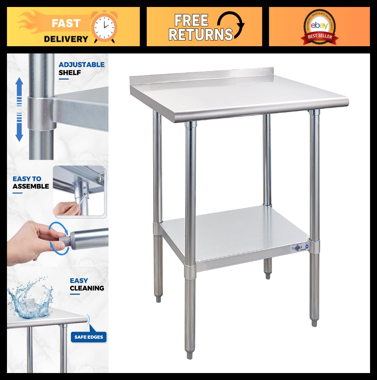 30×24 Inch Stainless Steel Prep Table with Backsplash & Undershelf – NSF Commerc