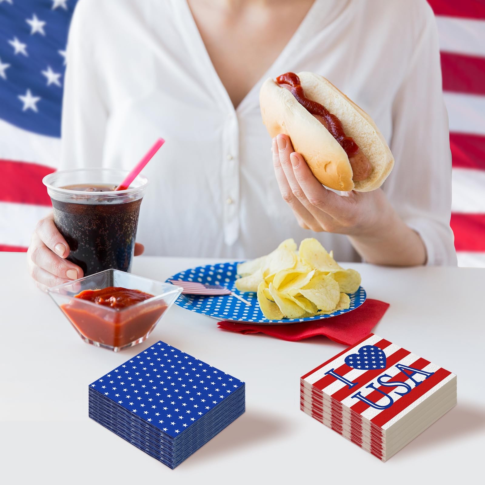 Nuanchu 200 Pcs American Flag Napkins 4Th Of July Patriotic Red White And Blue