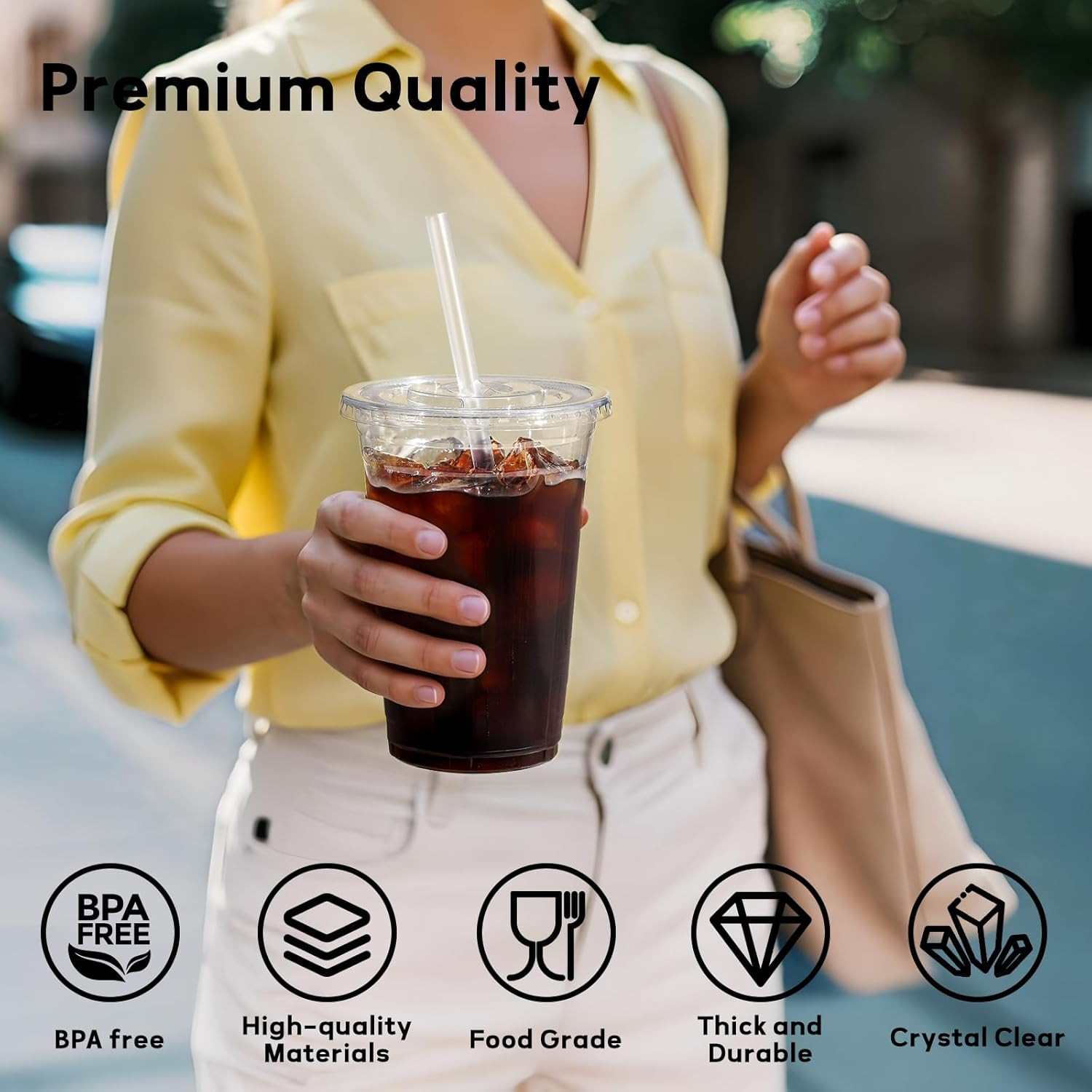 AOZITA 16 Oz Plastic Cups with Lids and Straws, 50 Pack, Disposable Iced Coffee