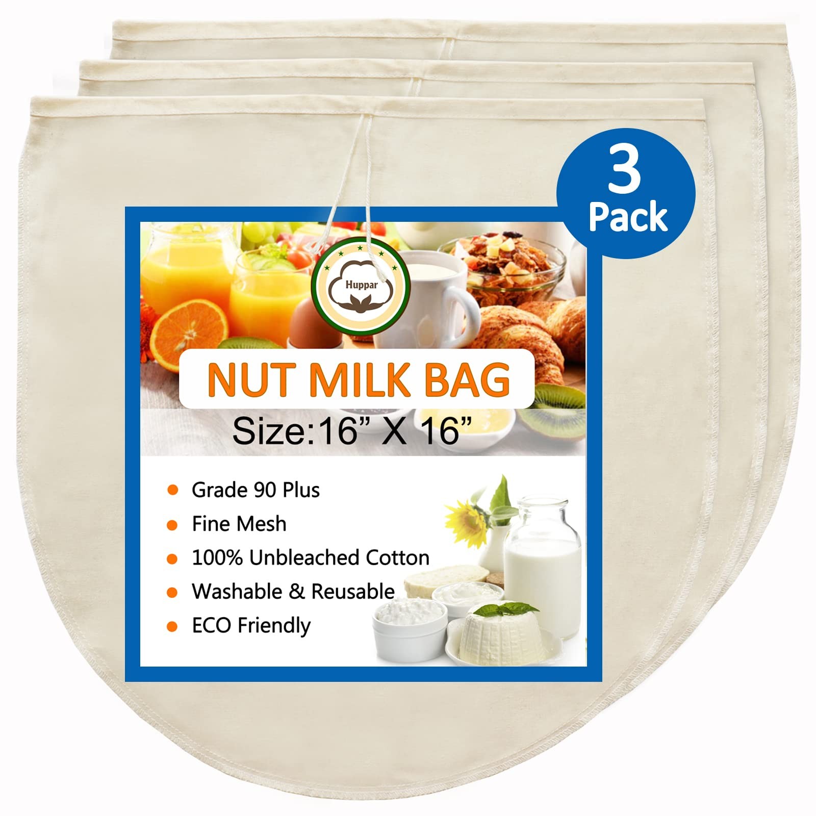 Huppar 3 Pack 16X16 Nut Milk Bag For Straining 100 Unbleached Cotton Cloth