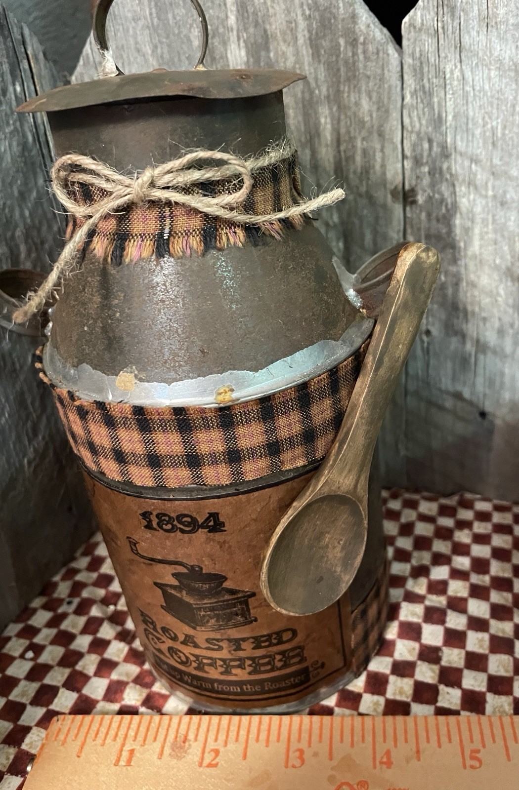 VTG PRIMITIVE FARMHOUSE Decor REPURPOSED MILK CAN “ROASTED COFFEE + SPOON