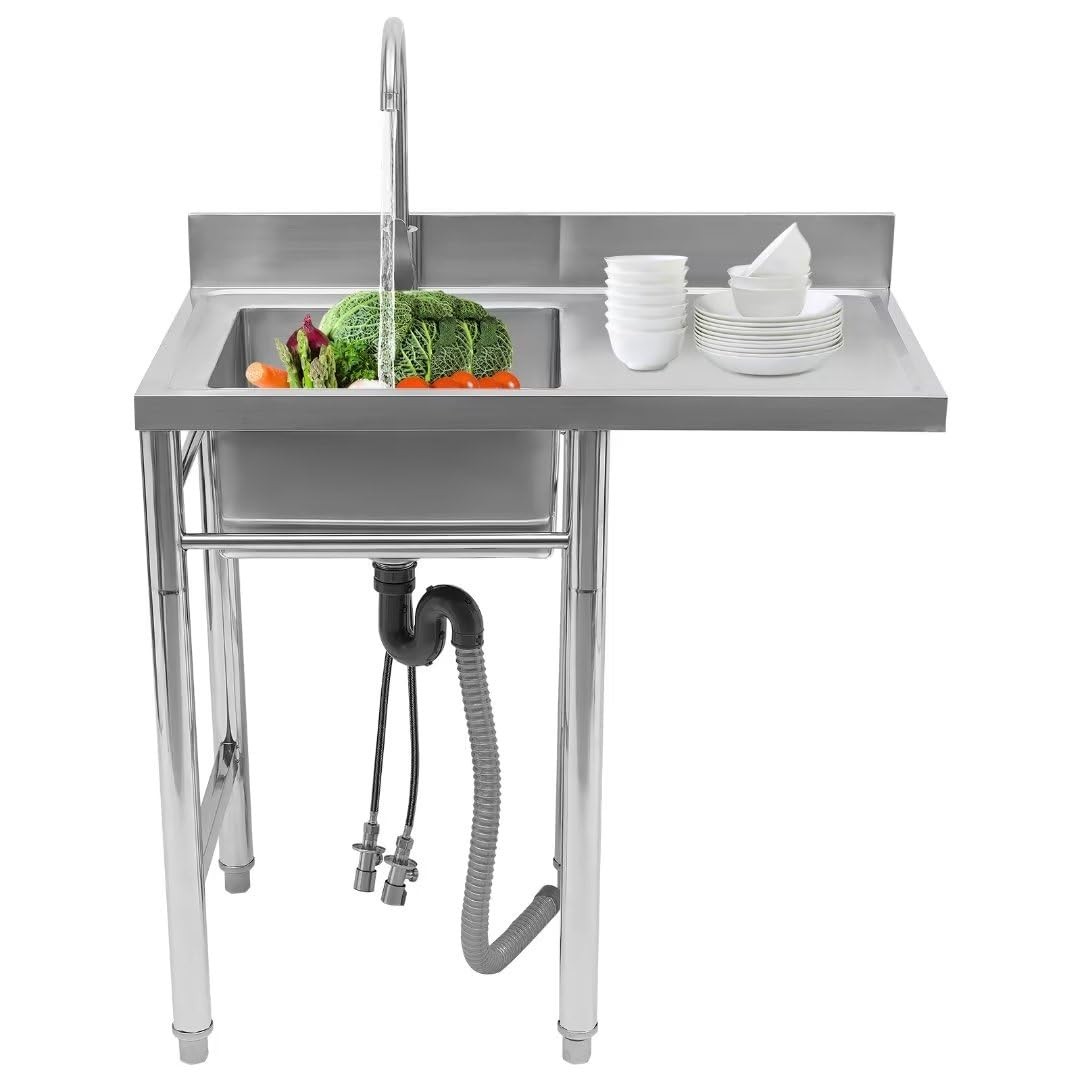 Commercial Kitchen Sink Prep Table with Faucet 304 Stainless Steel 1 Compartment
