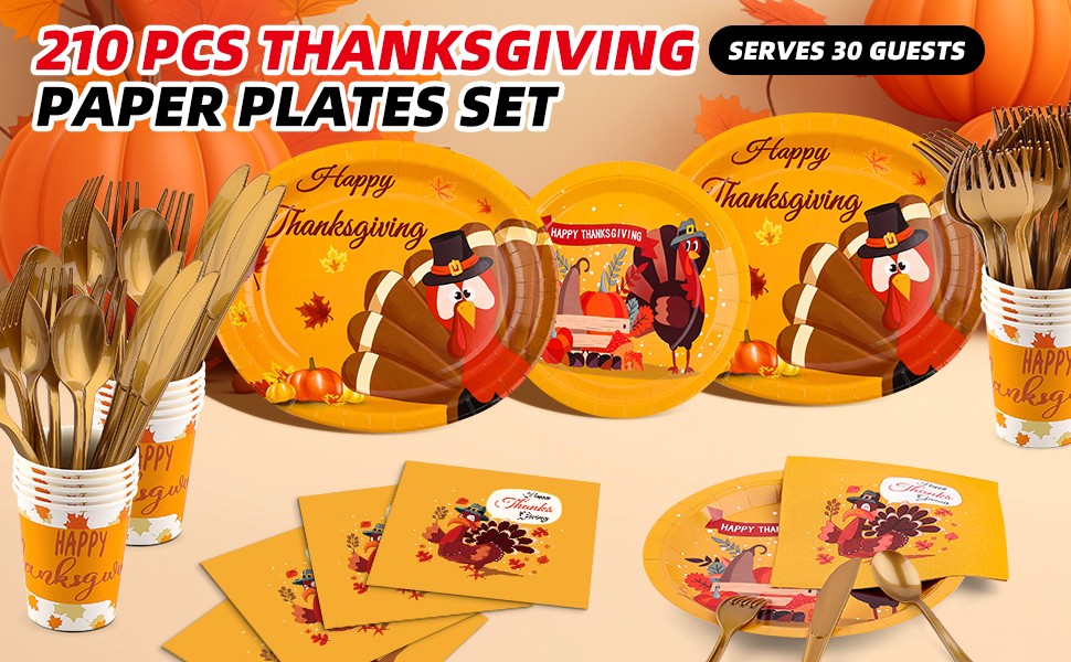 210Pcs Thanksgiving Paper Plates Set -(30 Guests) with 10 * 12inch Oval and