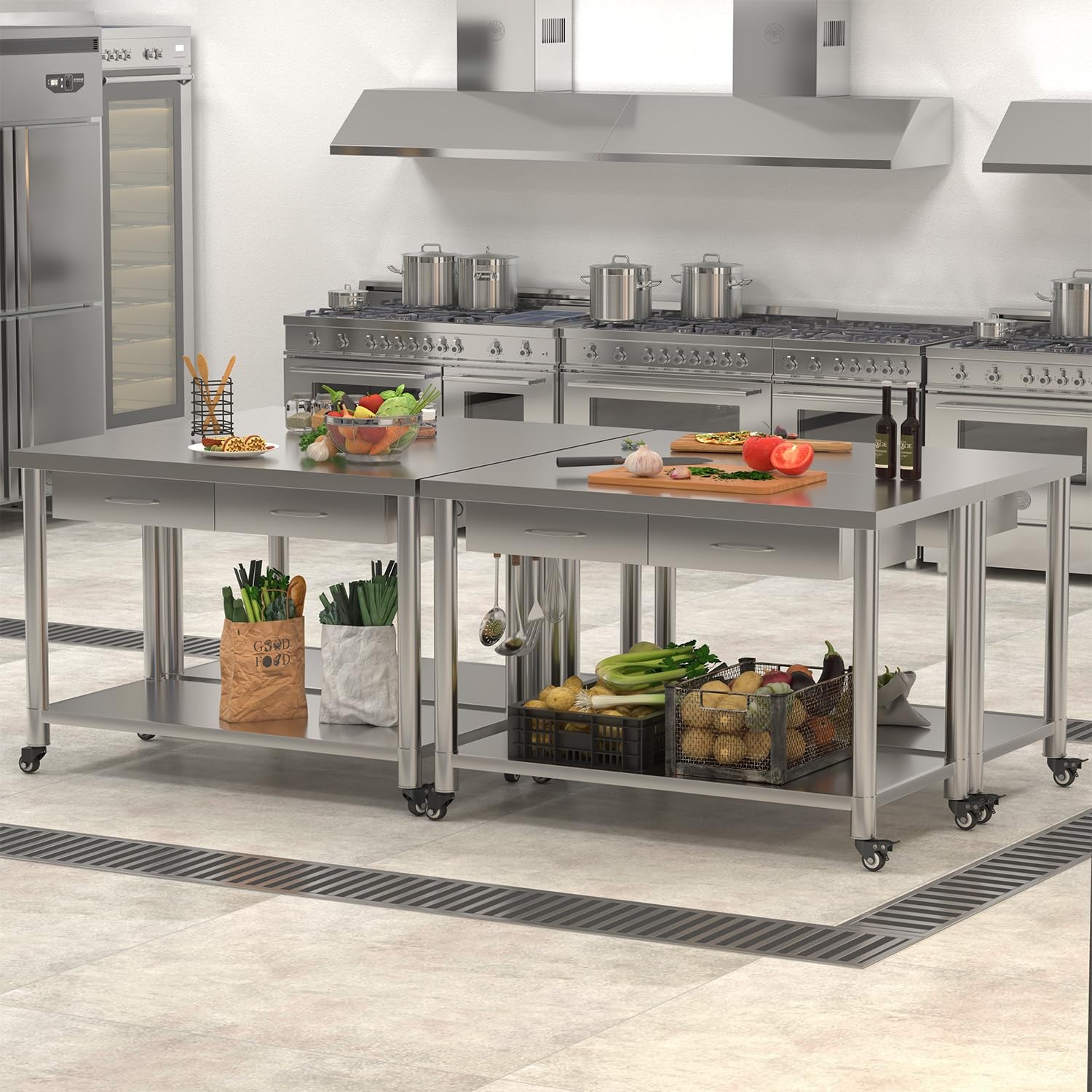 48″x24″ Stainless Steel Work Table with Drawers, Rolling Workbench for Kitchen