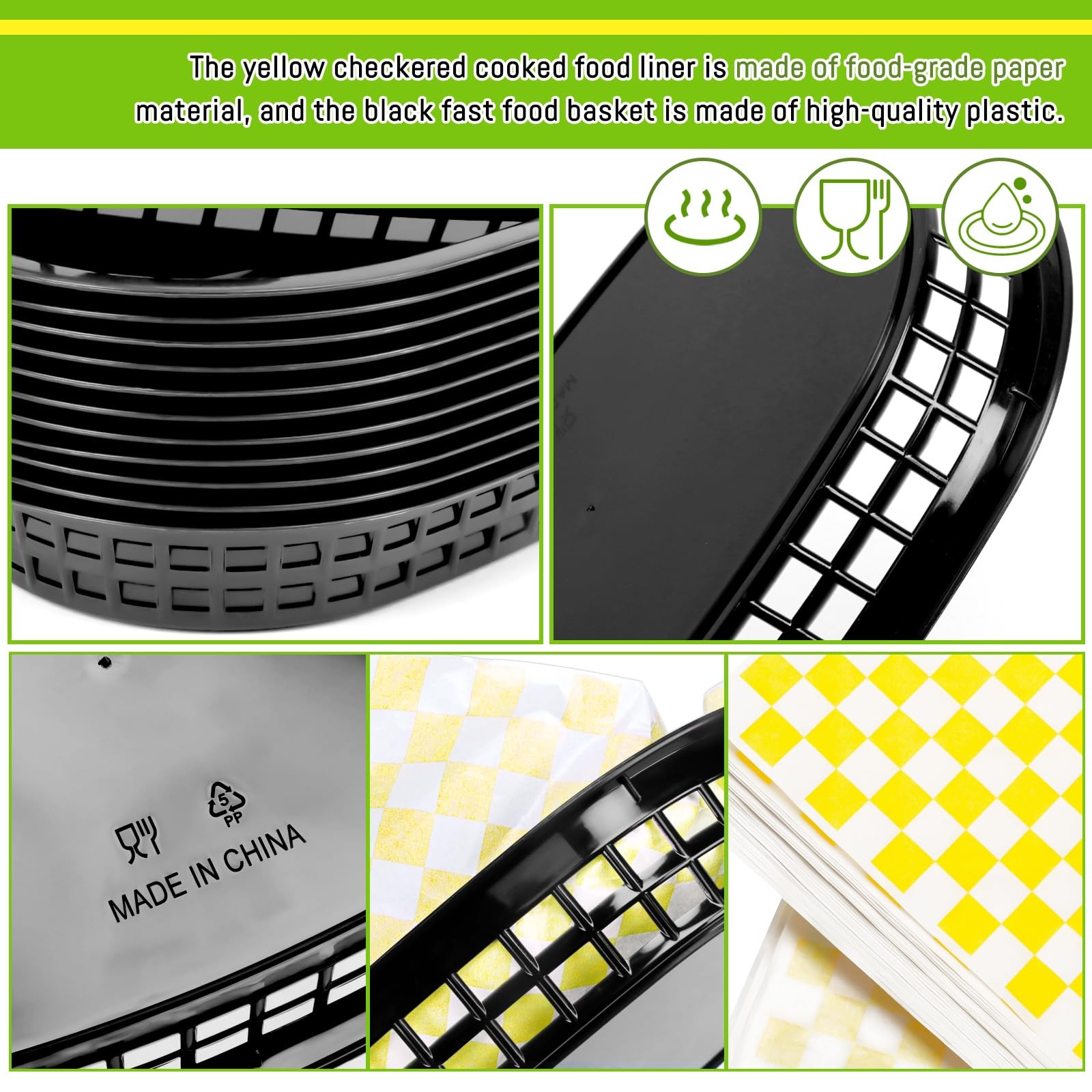 120 Sheets Yellow Checkered Deli Liners and 12 Black Fast Food Baskets Classi…