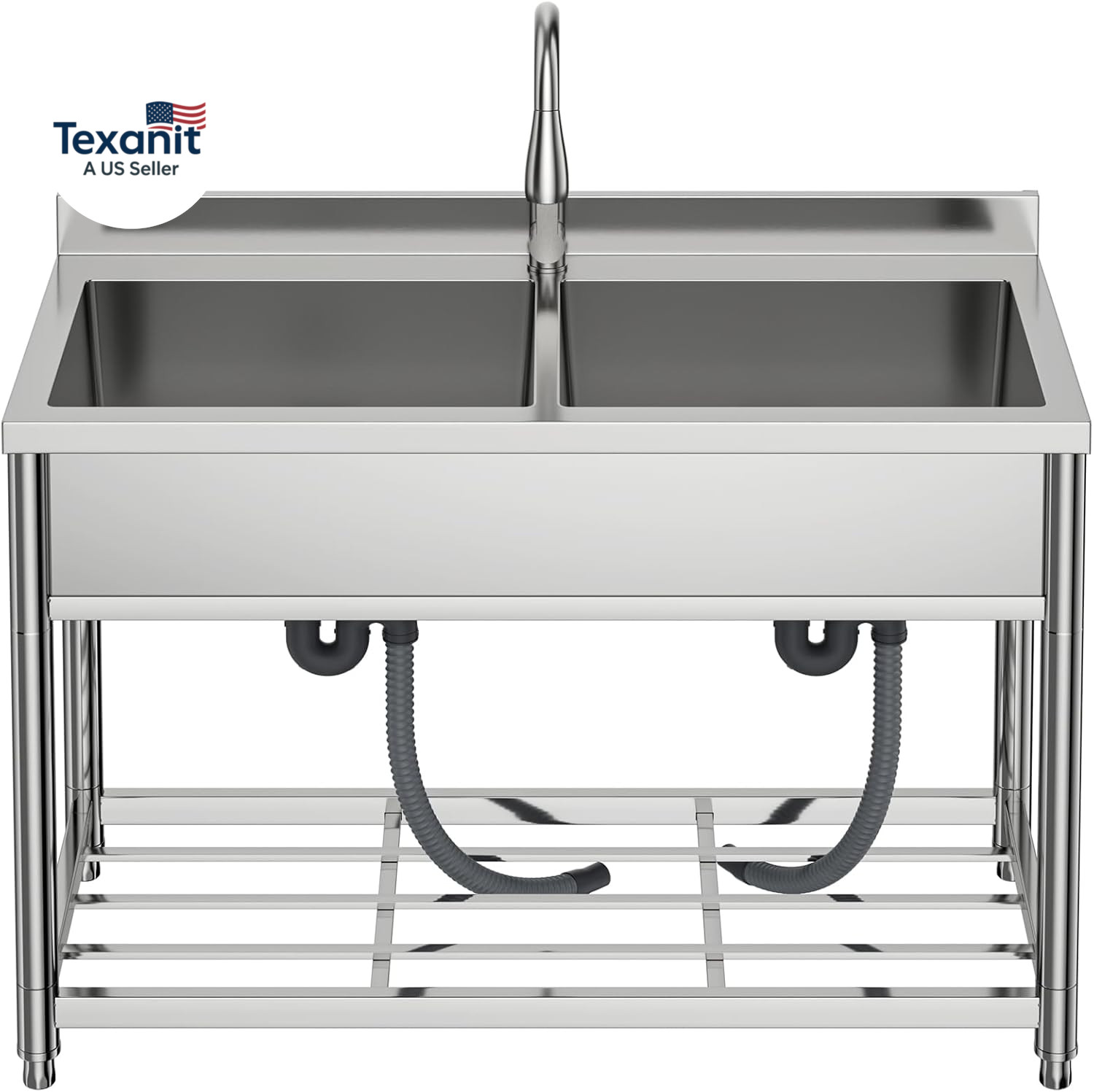 2-Compartment Commercial Sink, Stainless Steel Utility Sink with Pull-Out Faucet