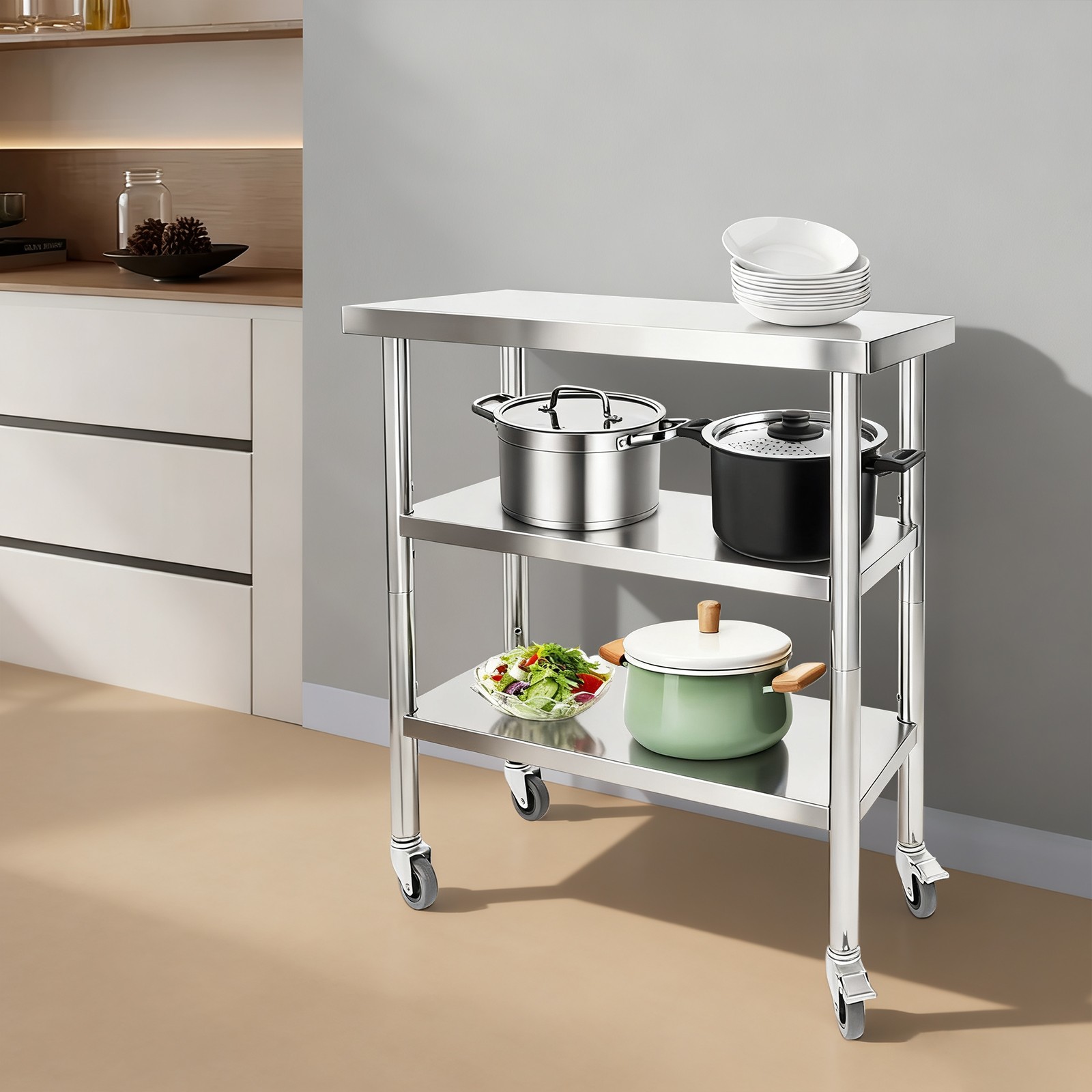 30*14*35in Utility Table, 3 Tiers Work Table, Metal Work Bench With 4* Casters