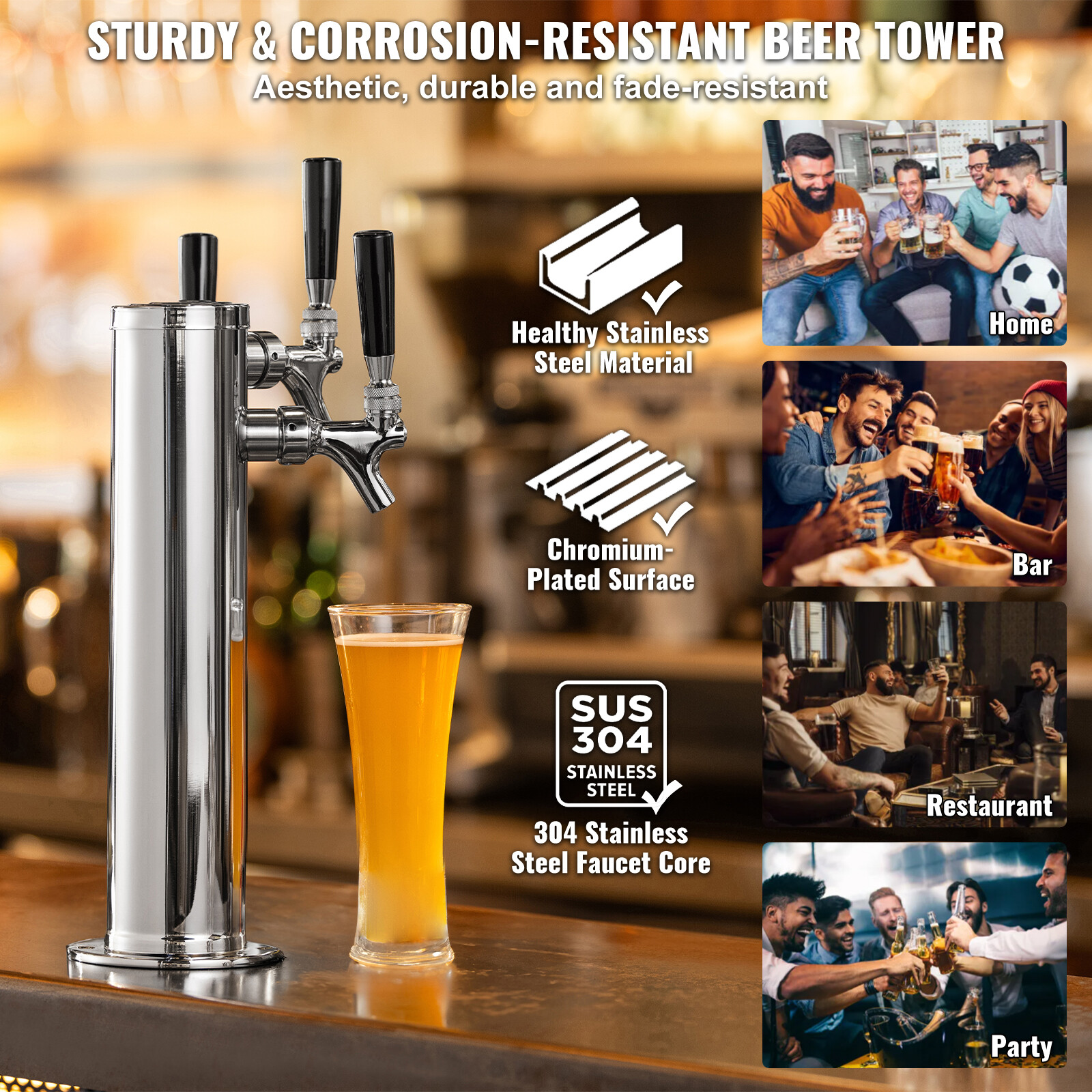 VEVOR Triple Taps Draft Beer Tower Dispenser Stainless Steel Keg Beer Tower