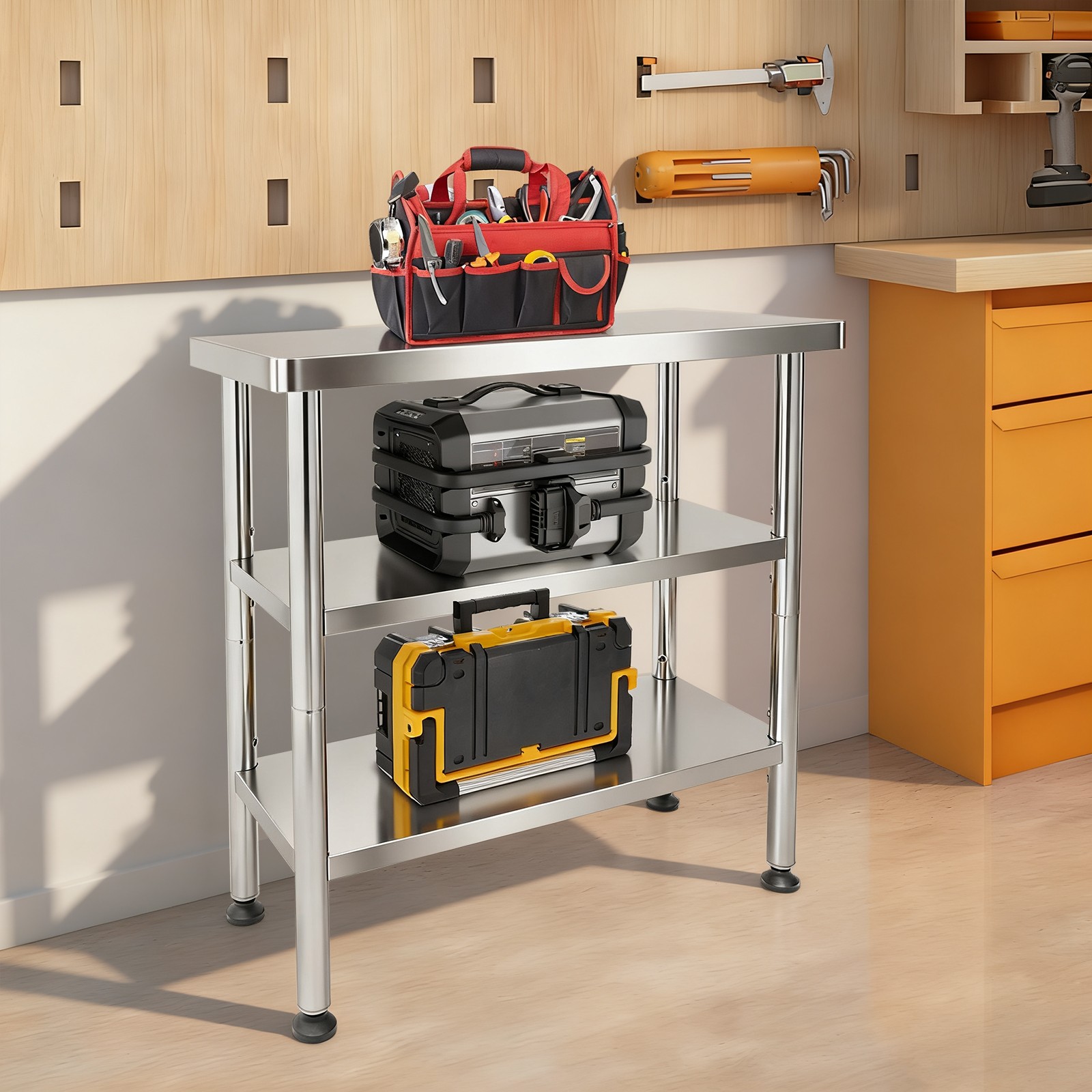 30*14*35in Utility Table, 3 Tiers Work Table, Metal Work Bench With 4* Casters