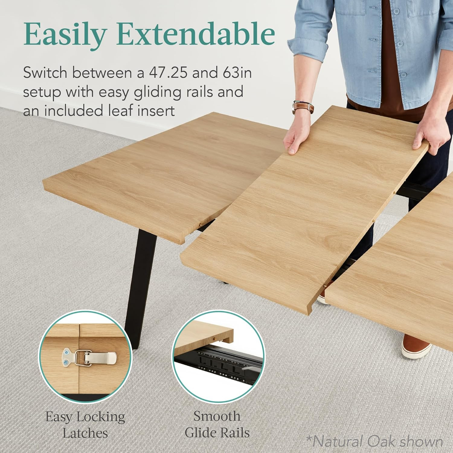 Modern Expandable Dining Table 47-63″ for 6, Brown with Leaf Extension