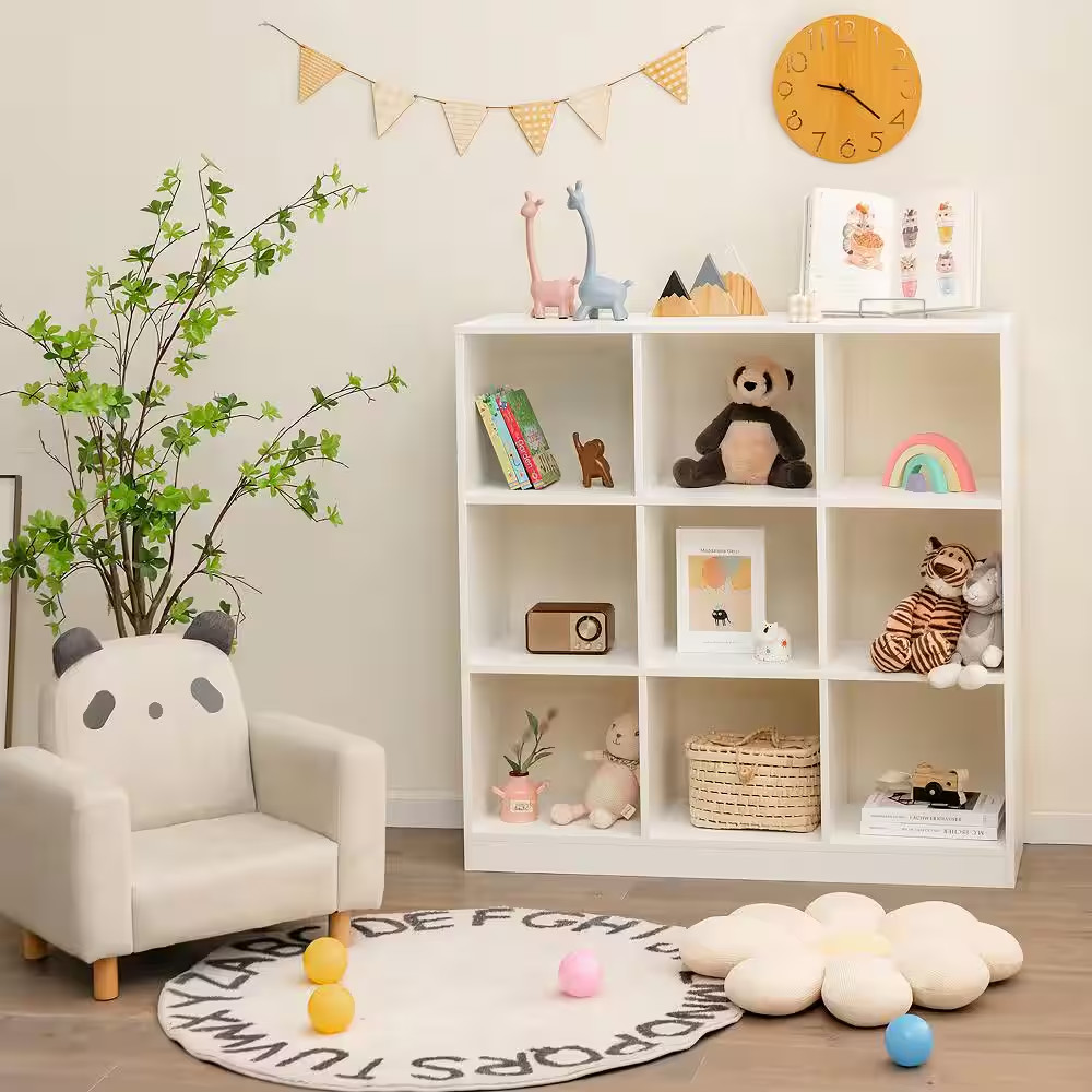 Kids Toy Storage Organizer 13 In. Wide White 9-Cube Kids Bookcase for Books Toys
