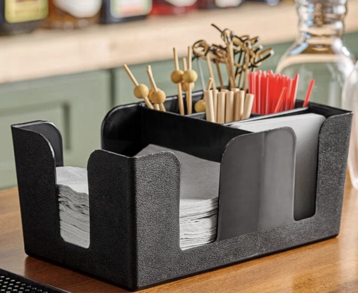 Choice 6-Compartment Bar Caddy Black Plastic Countertop Organizer Napkins Straws