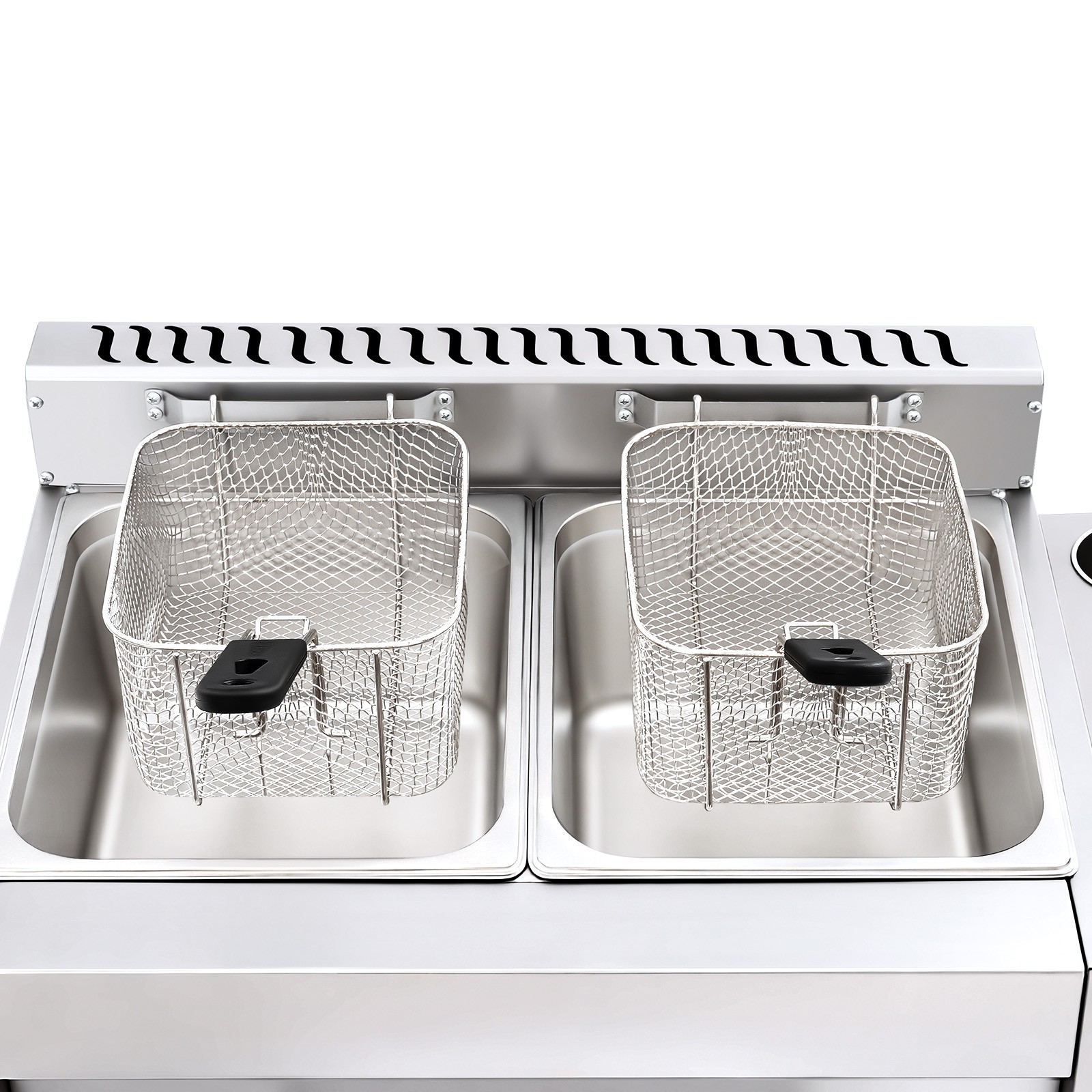 23.74*18.11*13.18″ Silver Commercial Dual Tank Kitchen Deep Fryer W/ Basket& Lid