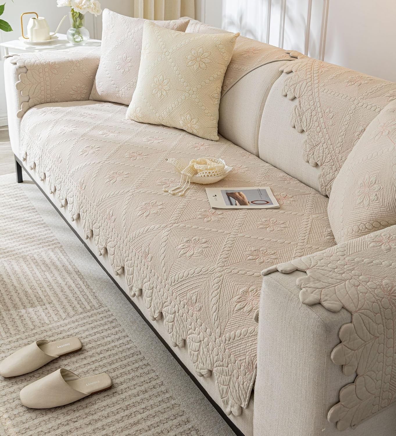Cotton Quilted Dog Couch Cover for Sofa Farmhouse Rustic Embroidery Sectional
