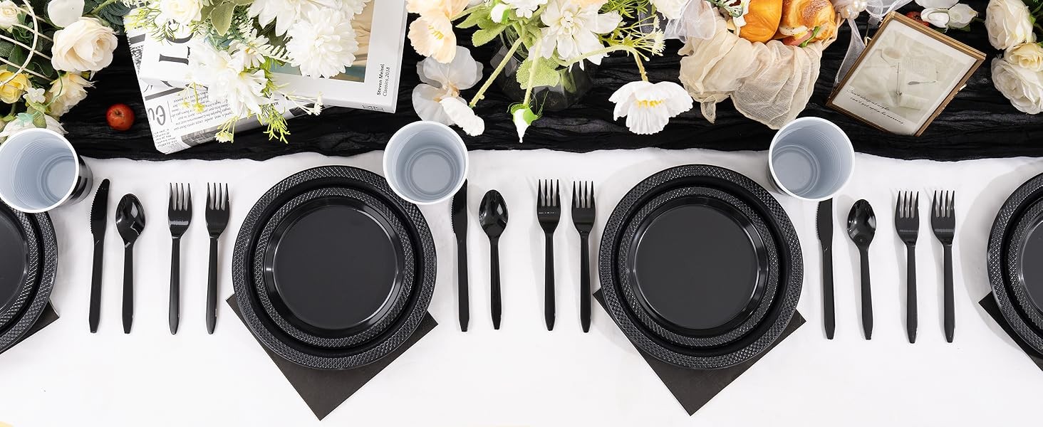 210 PCS Black Plastic Plates for 30 Guests – Disposable Dinnerware Set Including