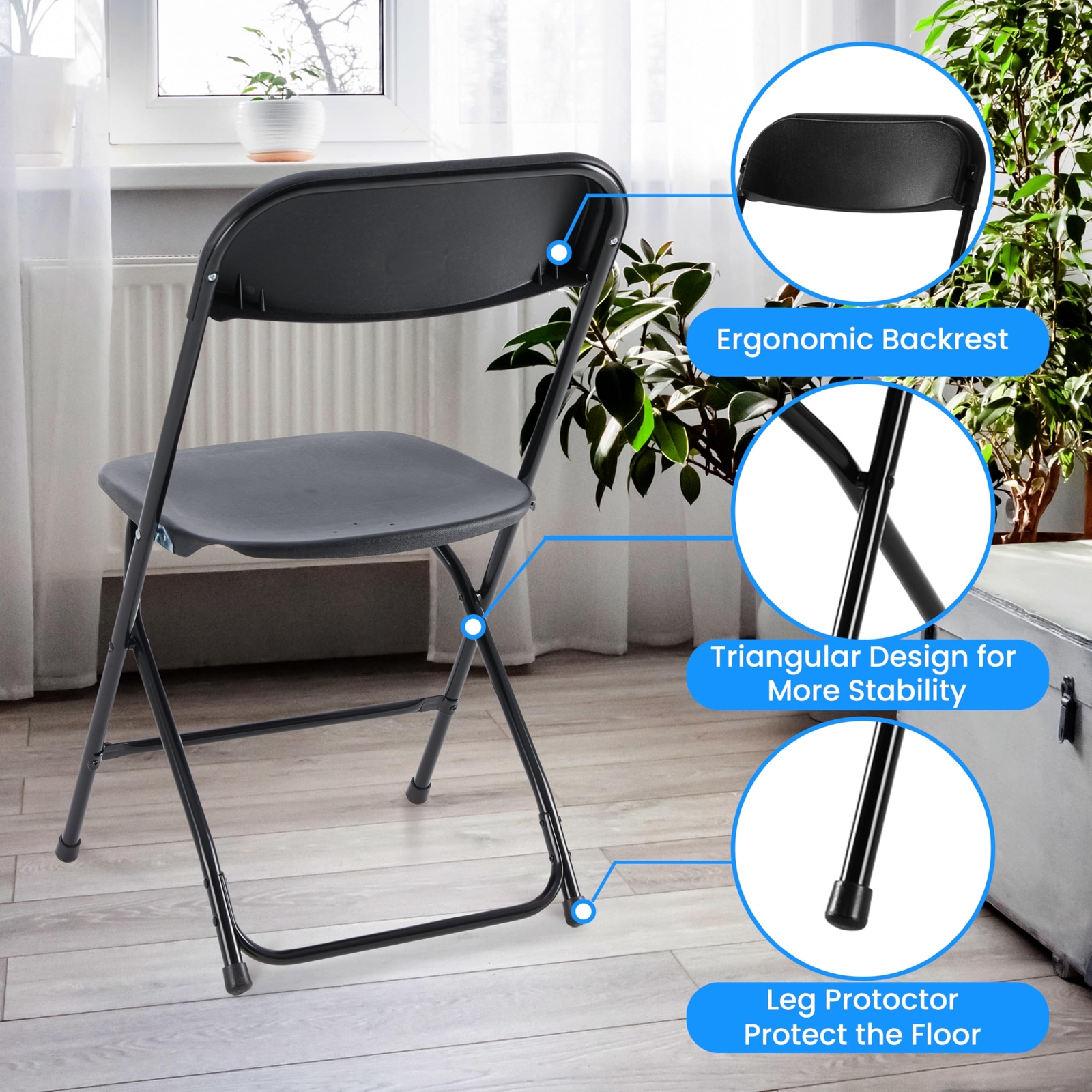 6 Pack Folding Chair Plastic Foldable Stackable Portable Outdoor/Indoor Black