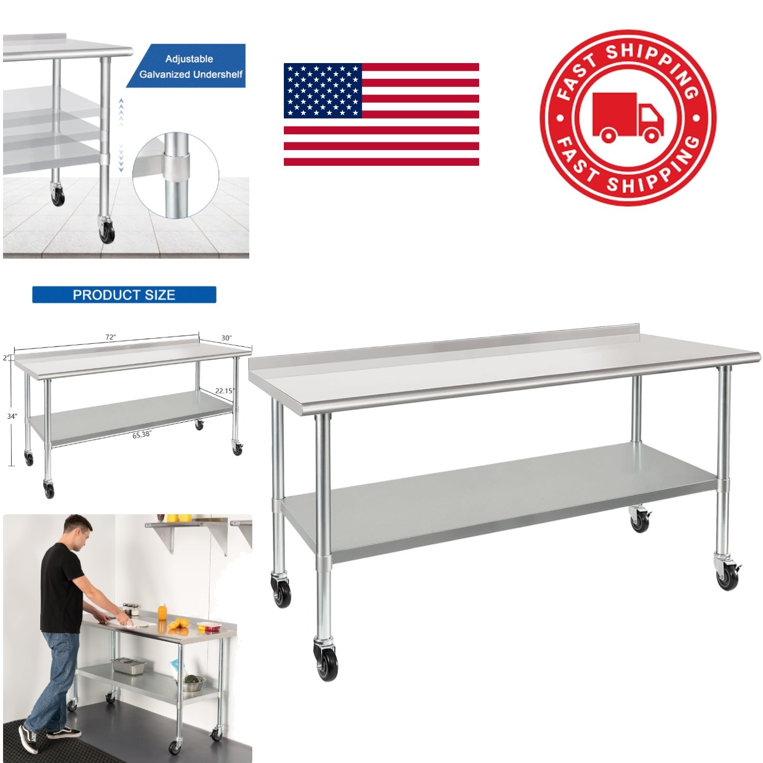 Large Stainless Steel Table 30X72 Inches with 2 Inch Backsplash for Kitchens