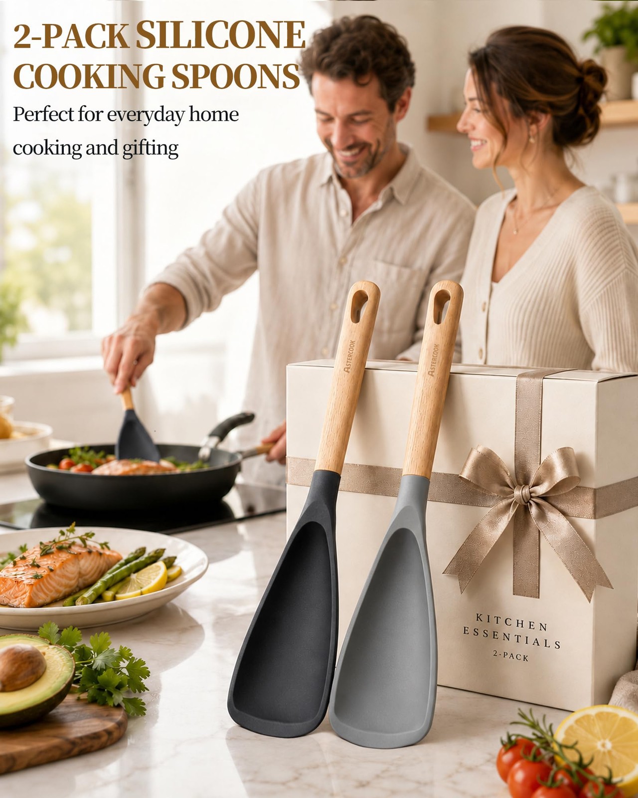 Astercook Cooking Spoon, Nonstick Safe Silicone 12.2 Inches, Black Grey