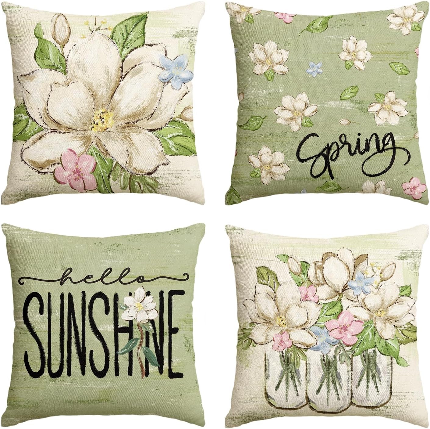 Spring Mangnolia Green Throw Pillow Covers, 16 x 16 Inch Hello Sunshine Vases