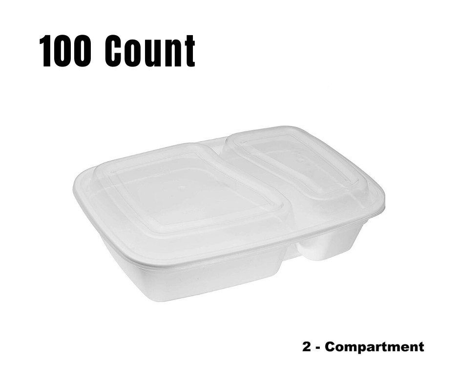100 Pack – Meal Prep Containers White 2 Compartments with Lids 32 oz.