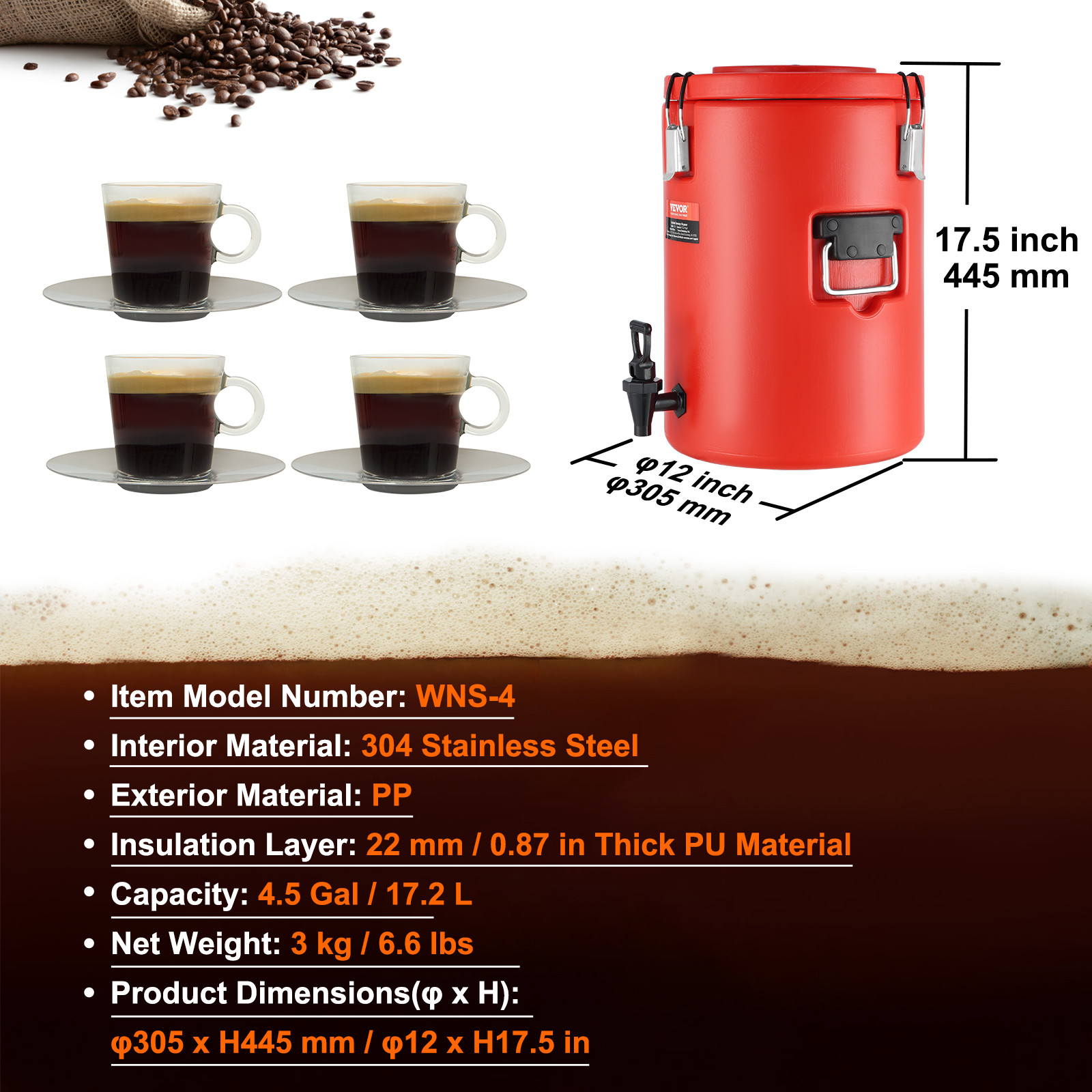 VEVOR Insulated Hot and Cold Beverage Dispenser Server 4.5Gallon Stainless Steel