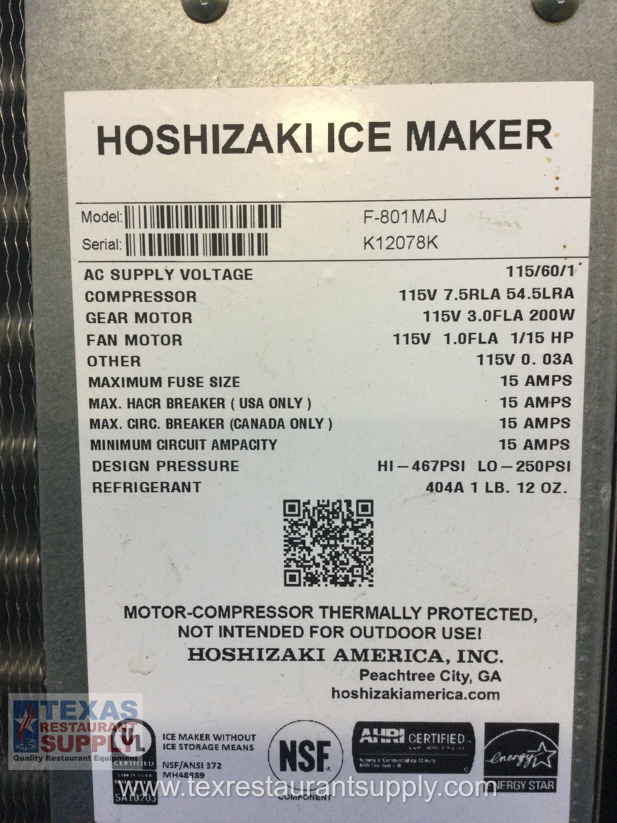 Hoshizaki F-801MAJ 1600 Lbs Air Cooled Ice Maker Large bin Flake Ice Style