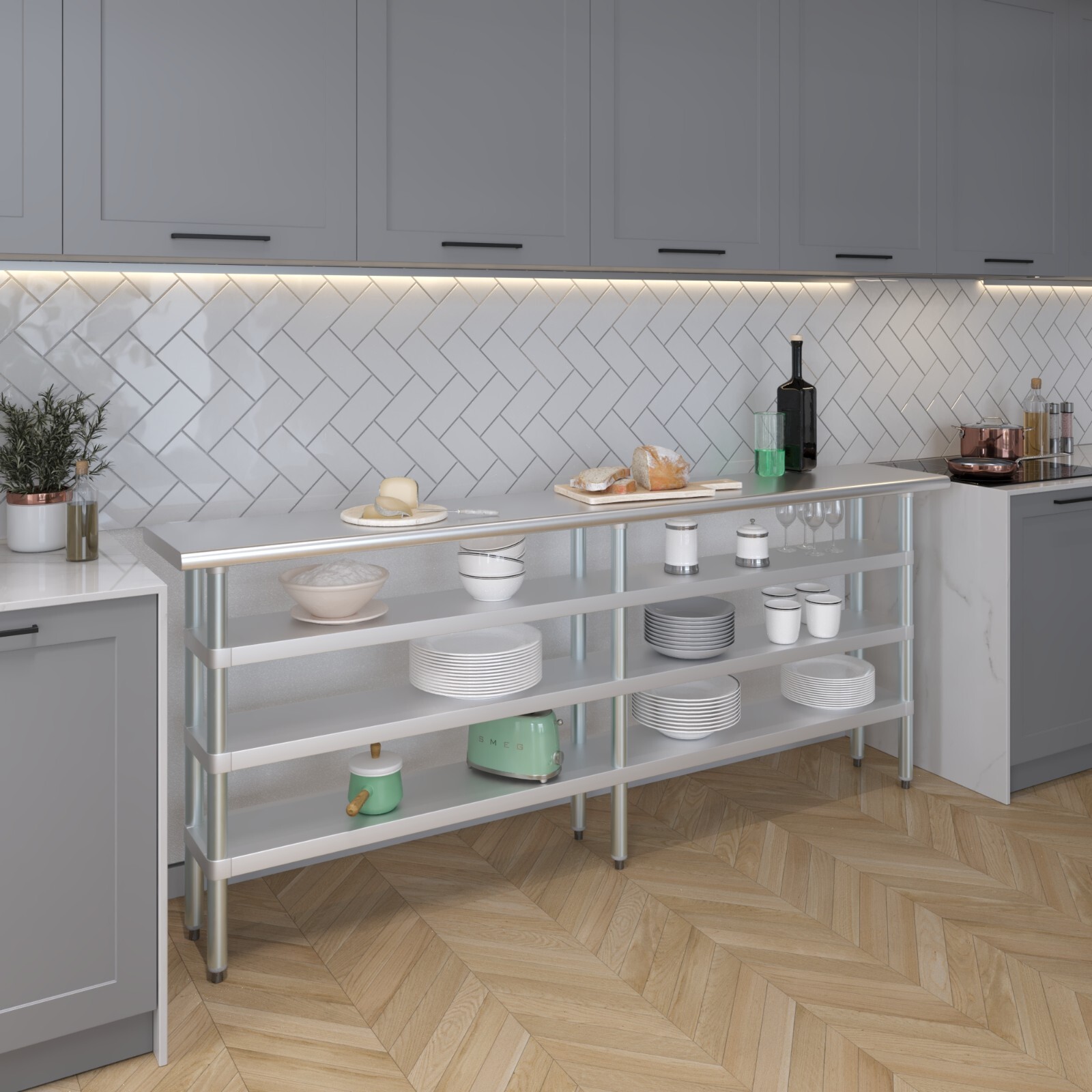 14 in. x 84 in. Stainless Steel Table With Three Undershelves