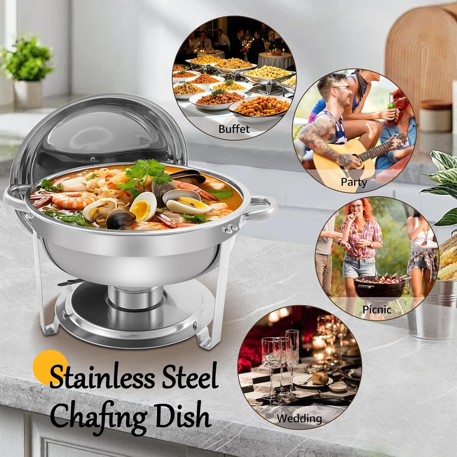 Round Chafing Dish Buffet Set 4 Pack Food Warmer for Party Weddings Picnic