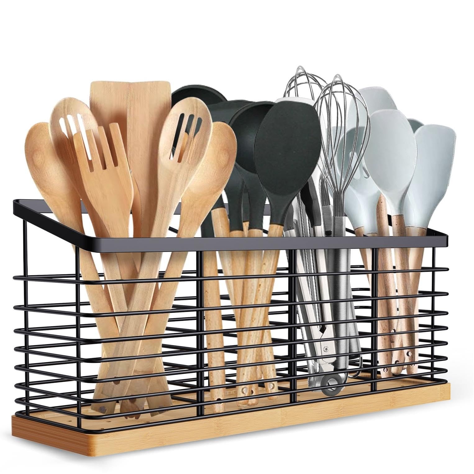 Suli Extra Large Kitchen Utensil Holder with 4 Compartments, Matte Black Metal h