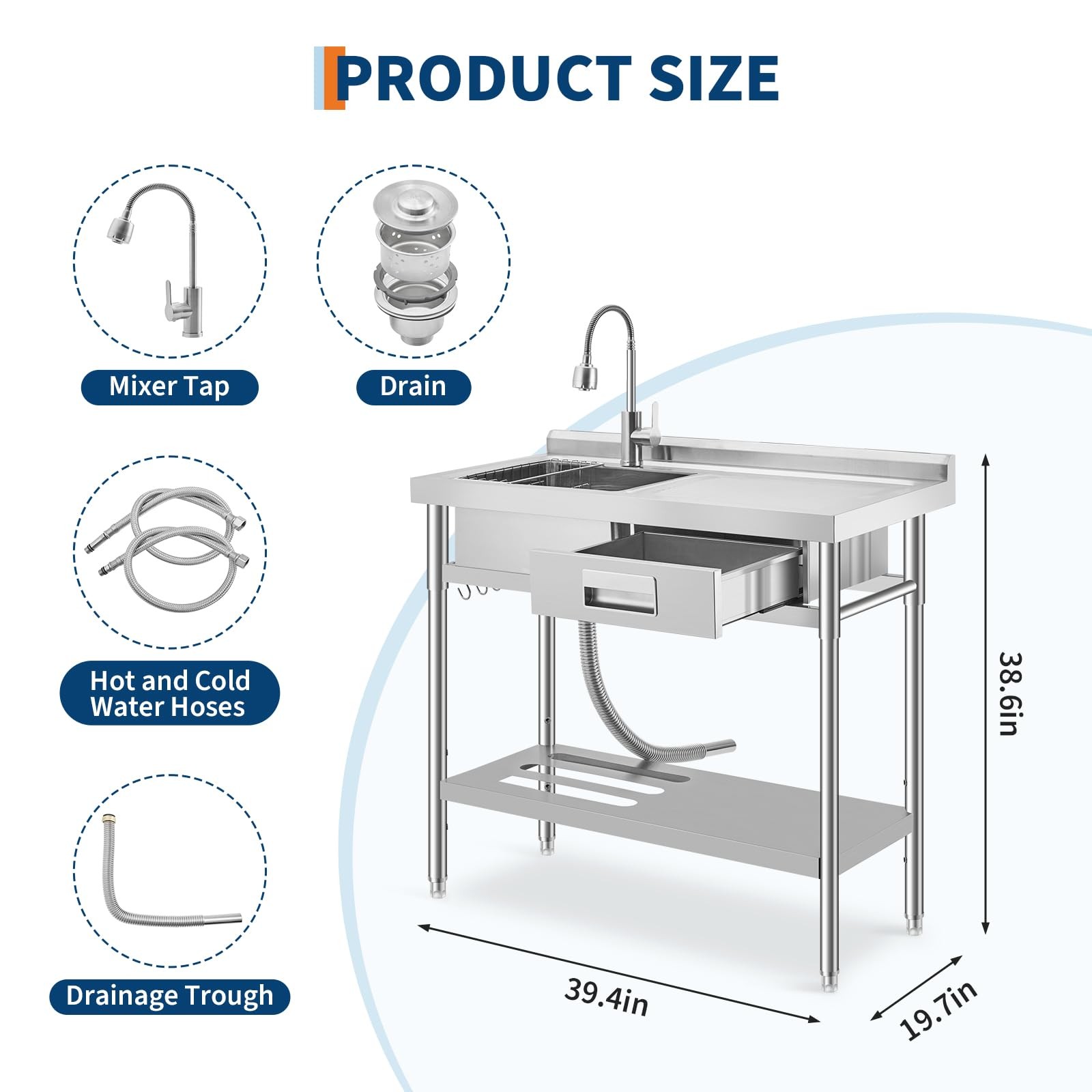 39.4×19.7×38.6» Stainless Steel Commercial Utility Sink Single Bowl with Drawer