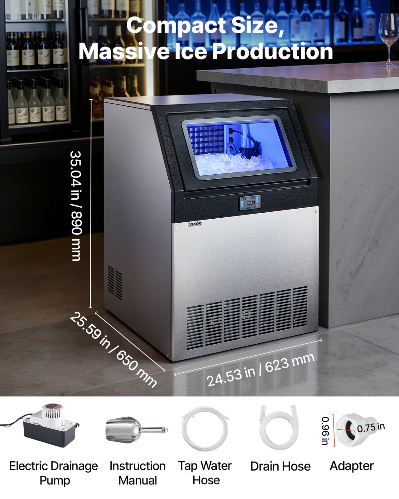 360LB/24H Commercial Ice Maker w/ Pump 85LB Bin Self Clean Stainless Steel
