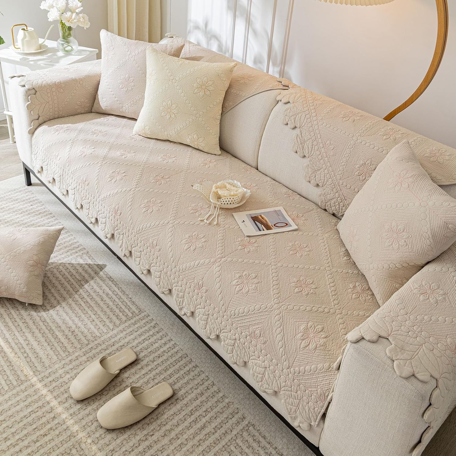 Cotton Quilted Dog Couch Cover for Sofa Farmhouse Rustic Embroidery Sectional
