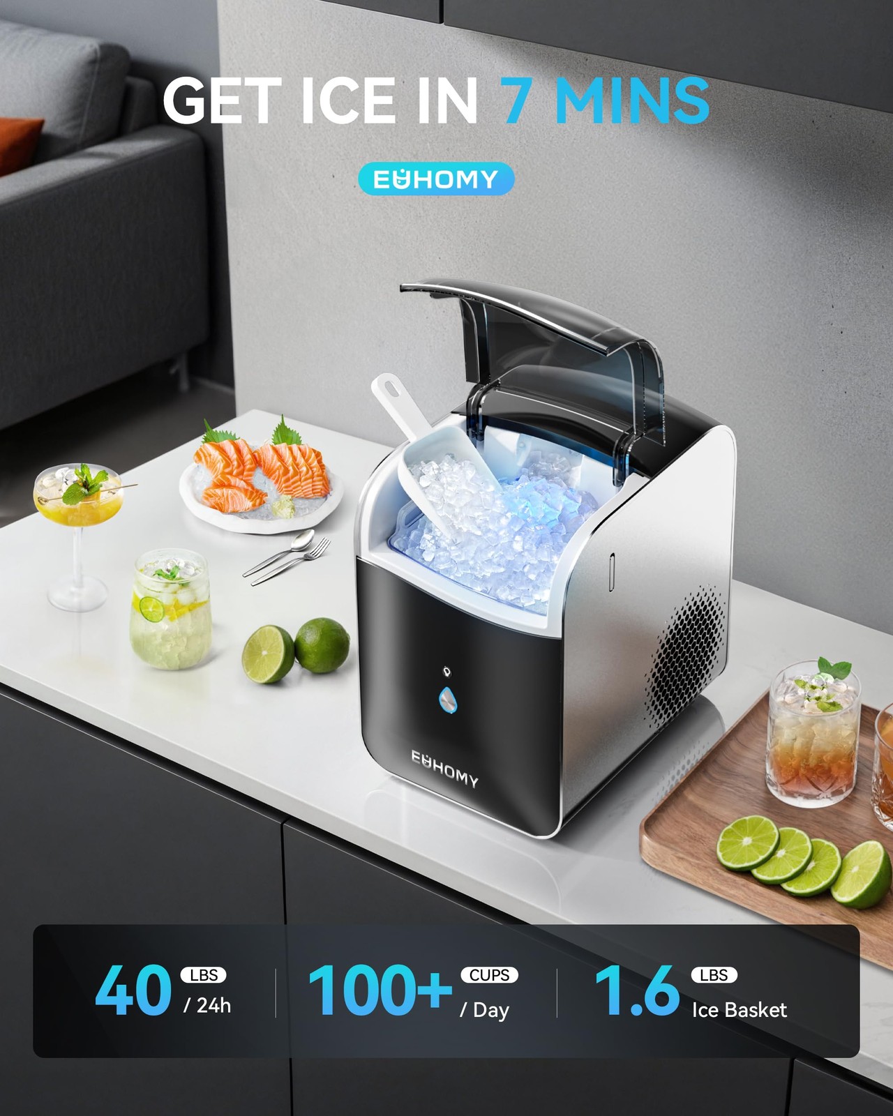 EUHOMY Smart Nugget Ice Maker Countertop, Pebble 40 lbs/day, Black