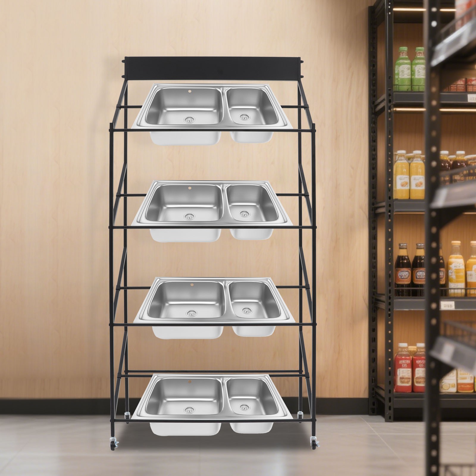 Commercial Kitchen Sink Rack with Wheels Double Slot Hand Basin Display Stand