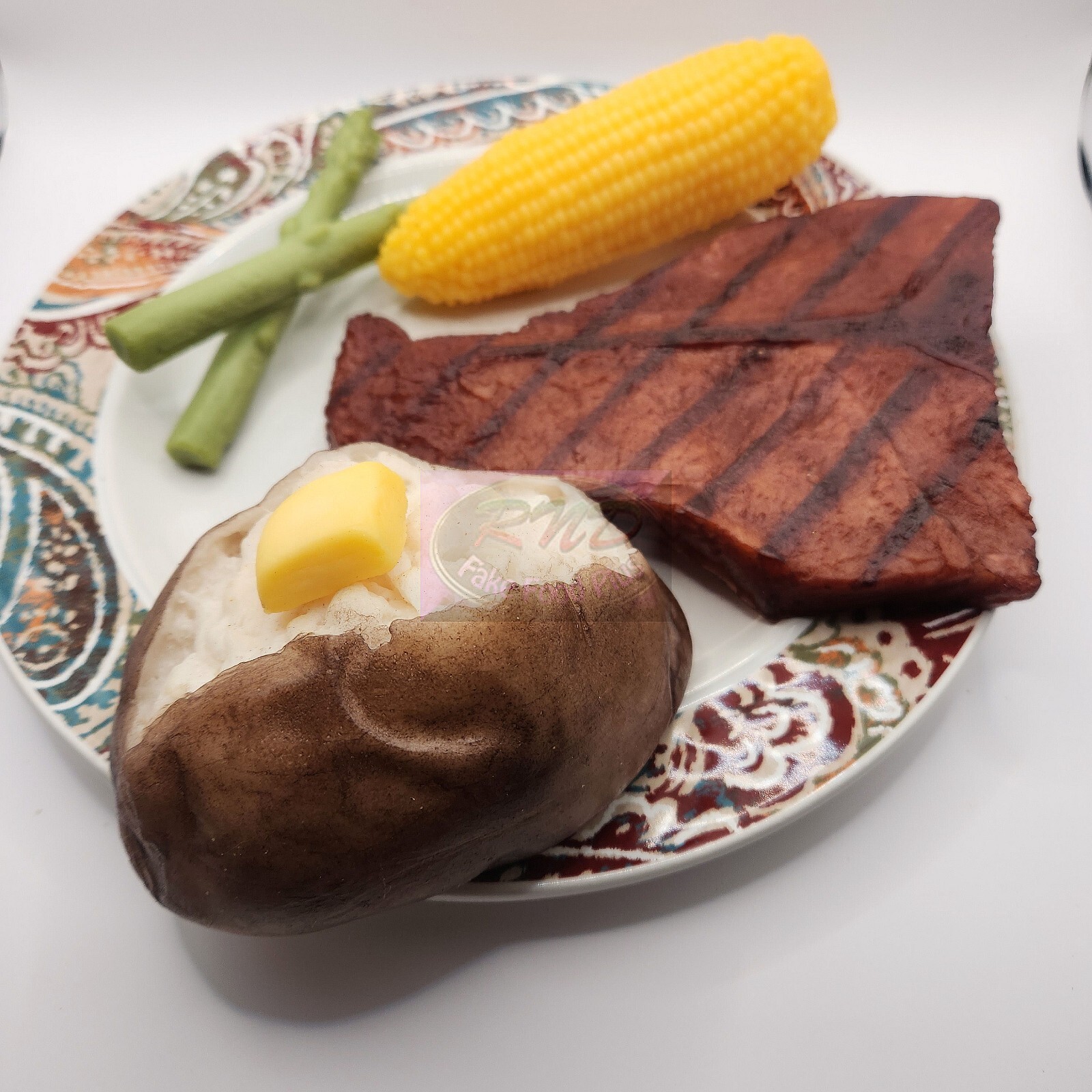 Wax Grilled Steak Dinner, Baked Potato, Full Size Corn, Prop, Fake Food